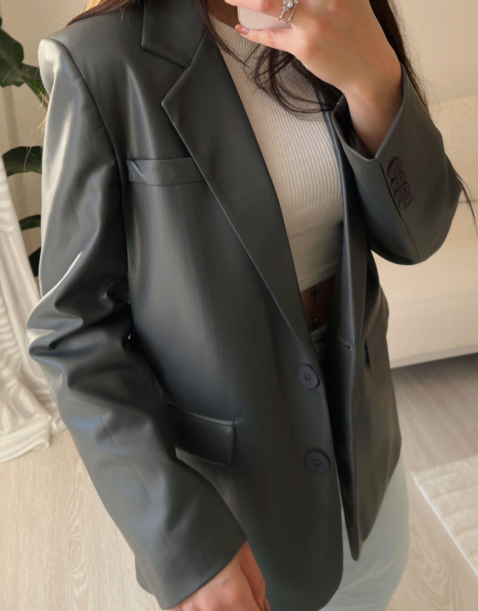 Agnes Astarlı Premium Deri Blazer Ceket - Antrasit
