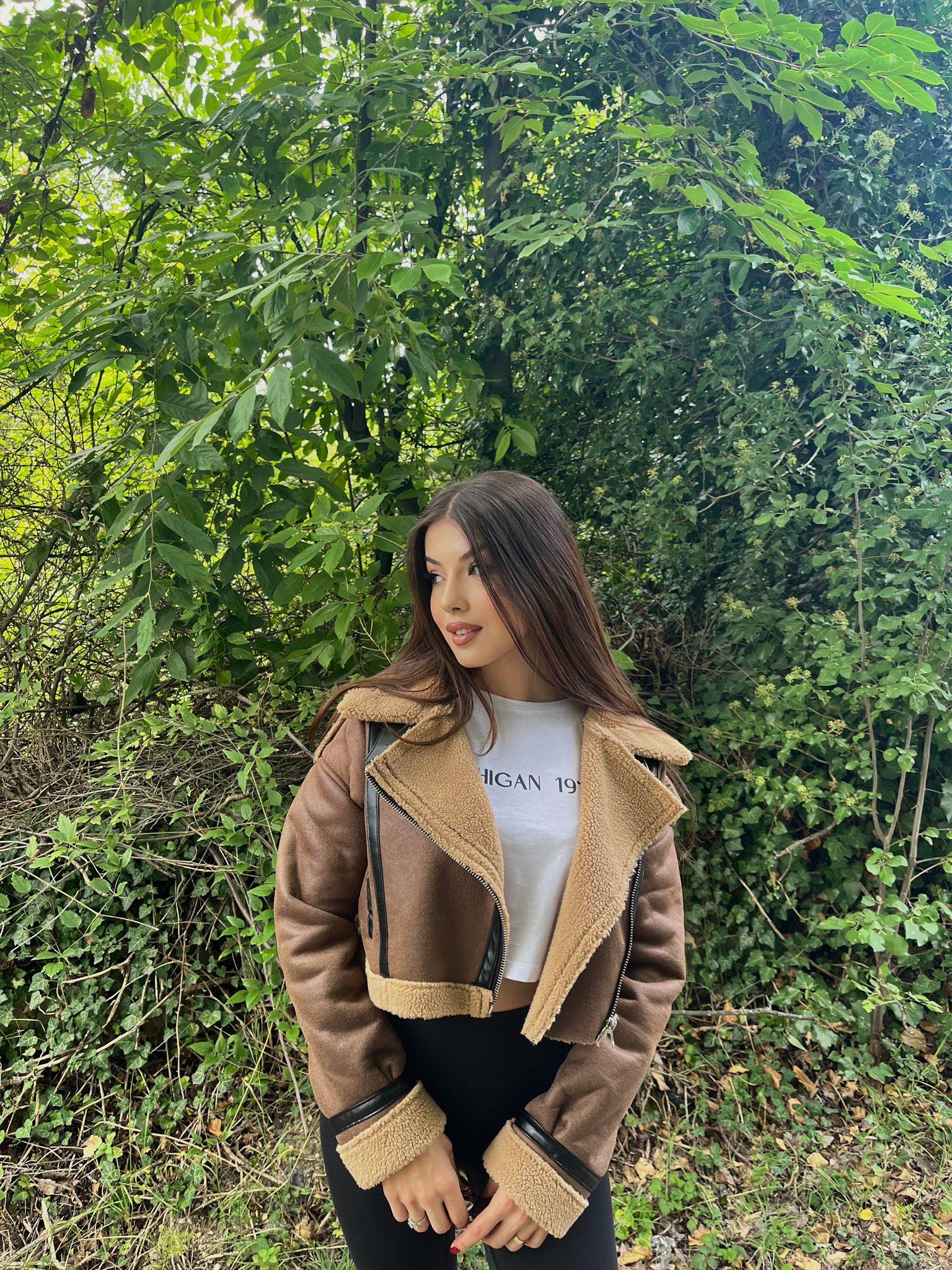 Bianca Kürklü Kahverengi Crop Ceket