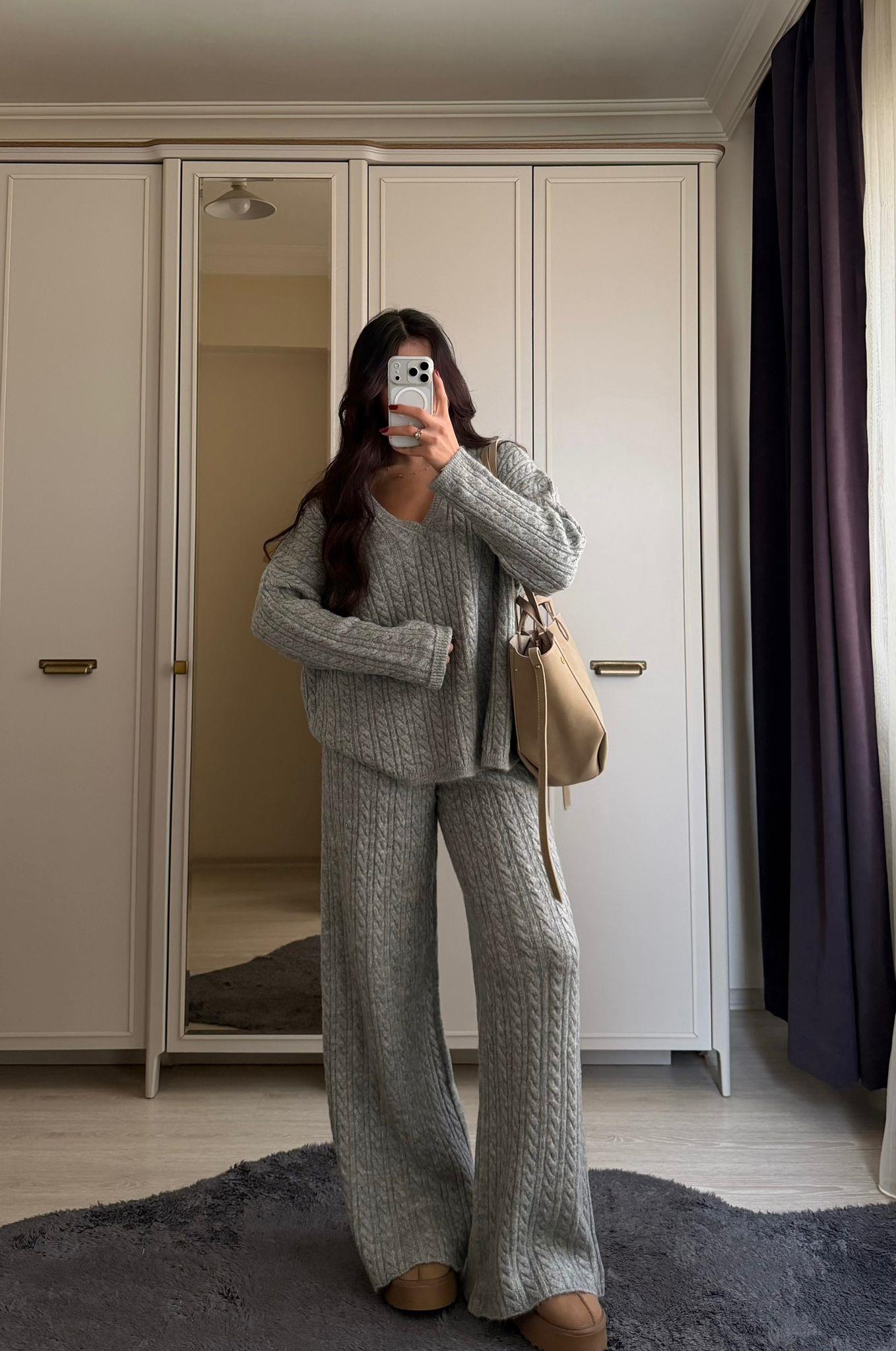 Cozy Saç Örgülü Triko Takım Gri