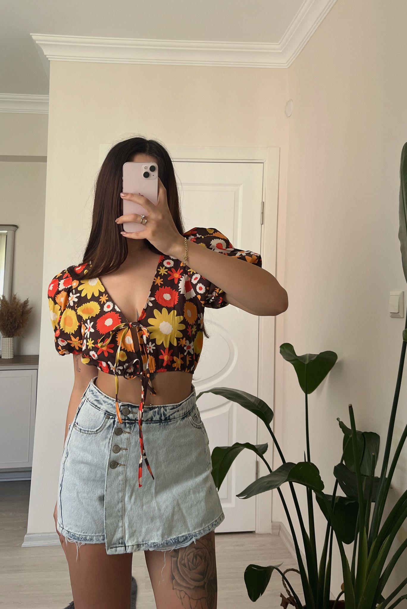 Daisy Bağlamalı Crop Bluz Kahve