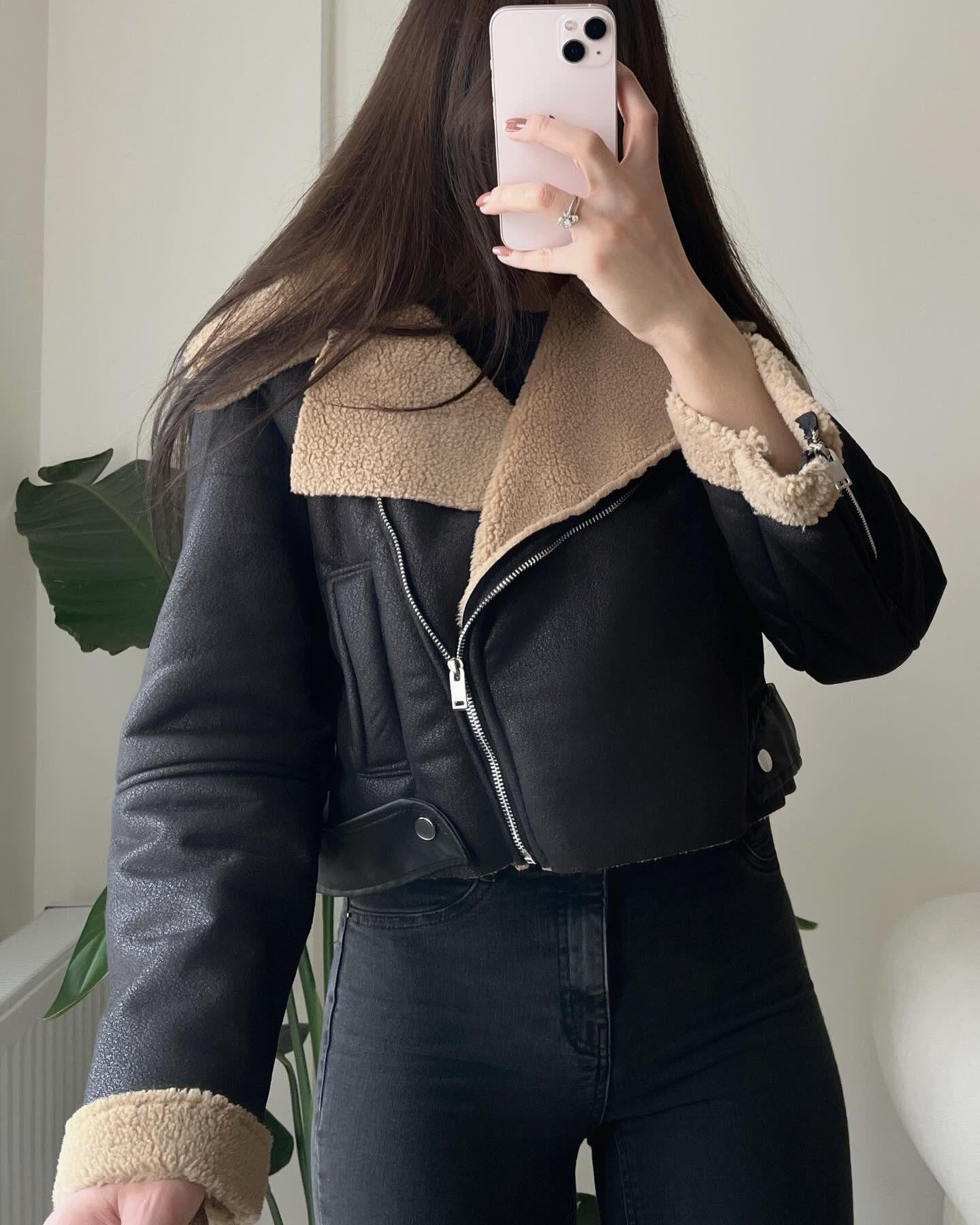 Edna Kahve Kürklü Kemerli Crop Lamine Ceket