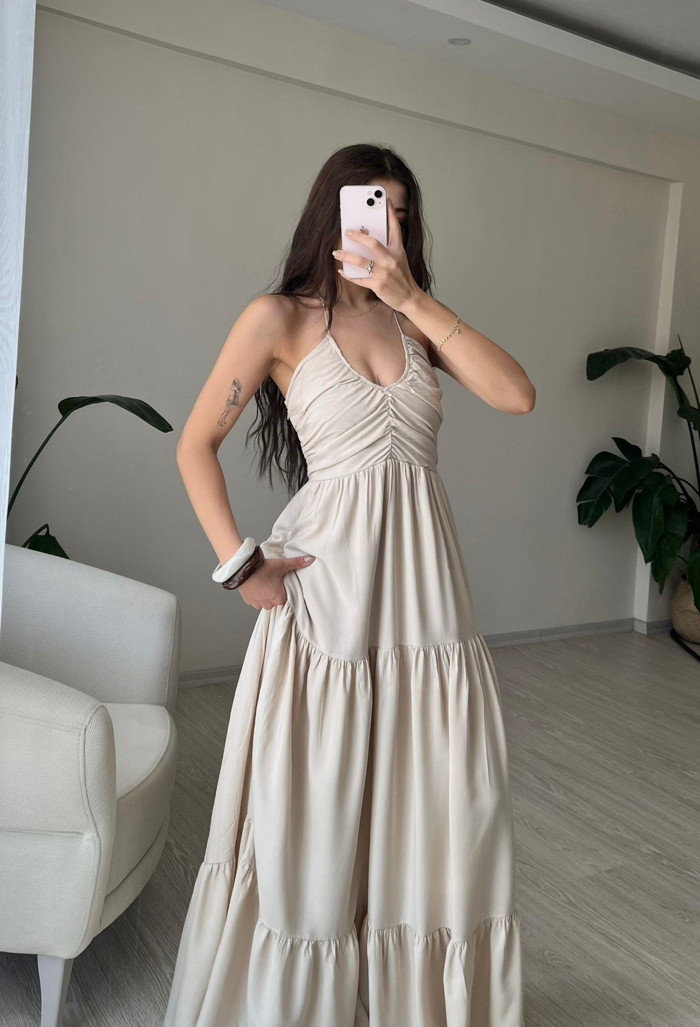 Elaria Büzgülü Boyundan Bağlamalı Maksi Elbise Taş
