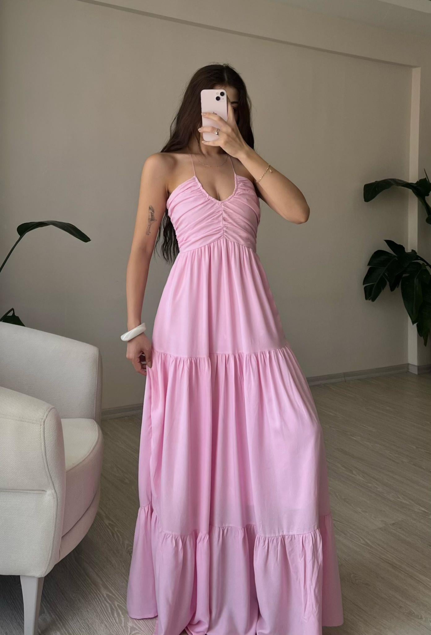Elaria Büzgülü Boyundan Bağlamalı Maksi Elbise Pembe