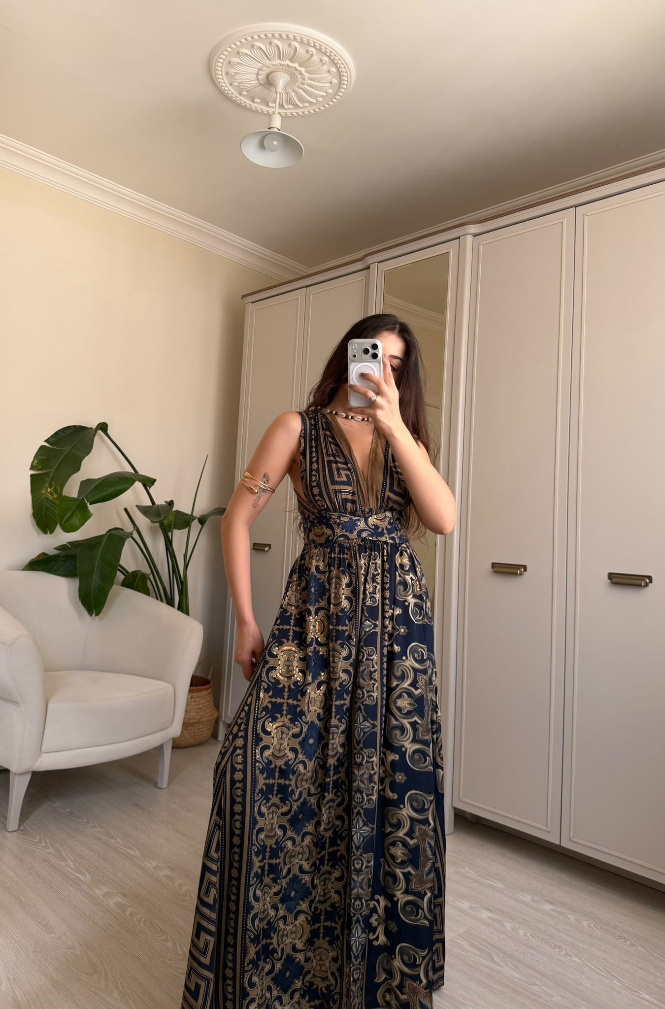 Elysia Bağlamalı Etnik Desen İpek Elbise 
