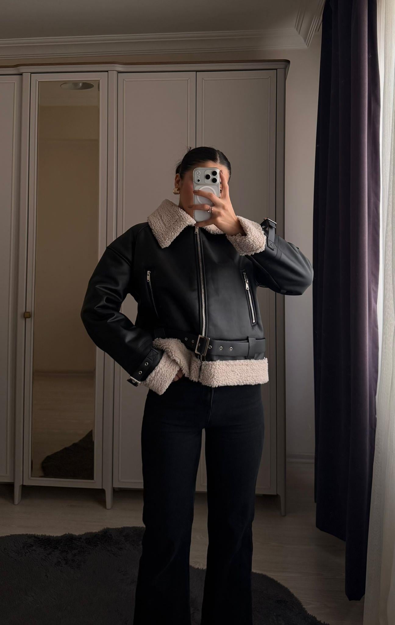 Faux Marka Model İçi Kürklü Biker Ceket Siyah