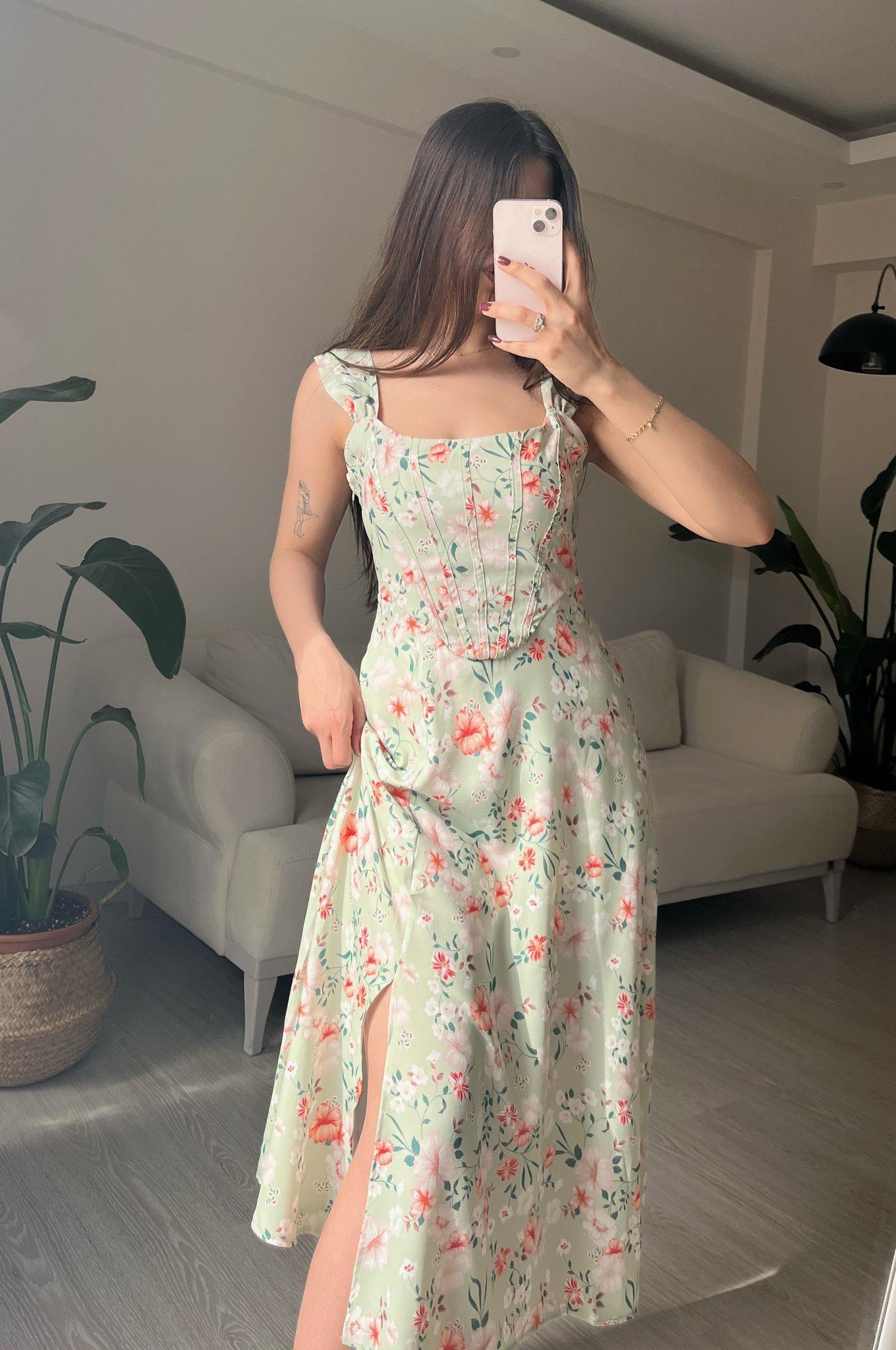 Flora Çiçek Desenli Yırtmaçlı Midi Elbise Mint