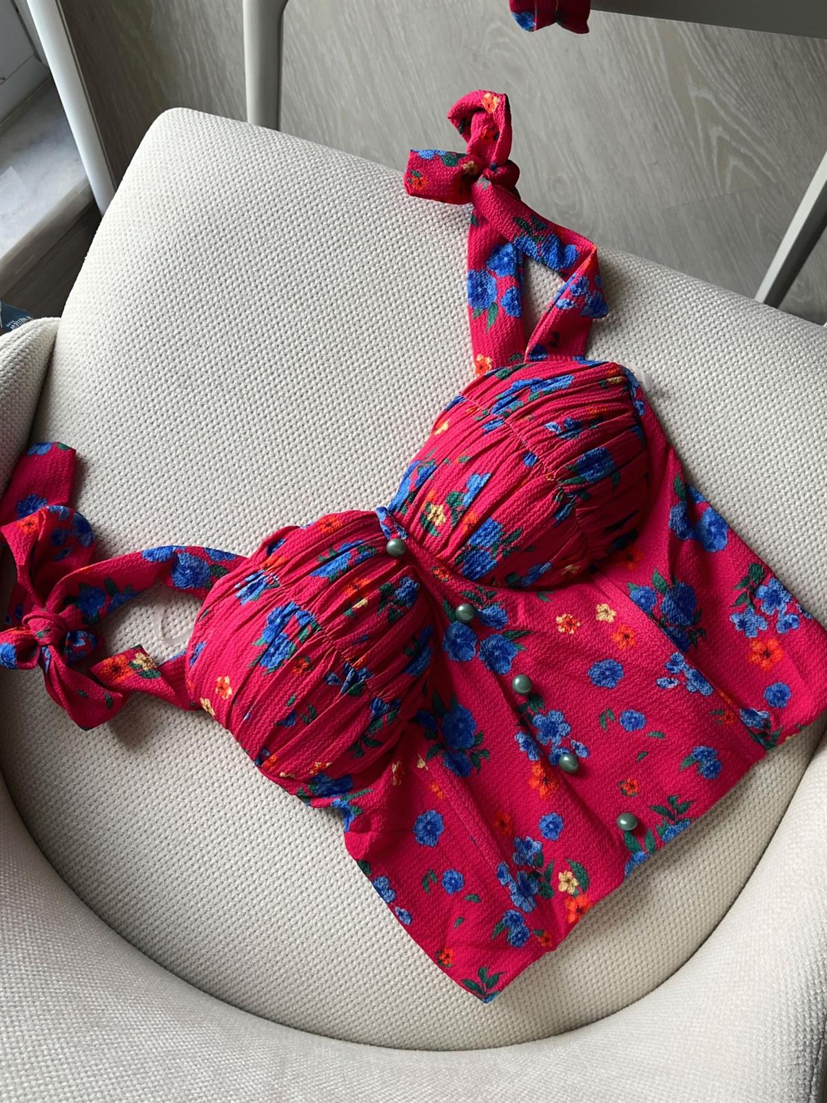Gaia Omuz Bağlamalı Balenli Pembe Crop Top