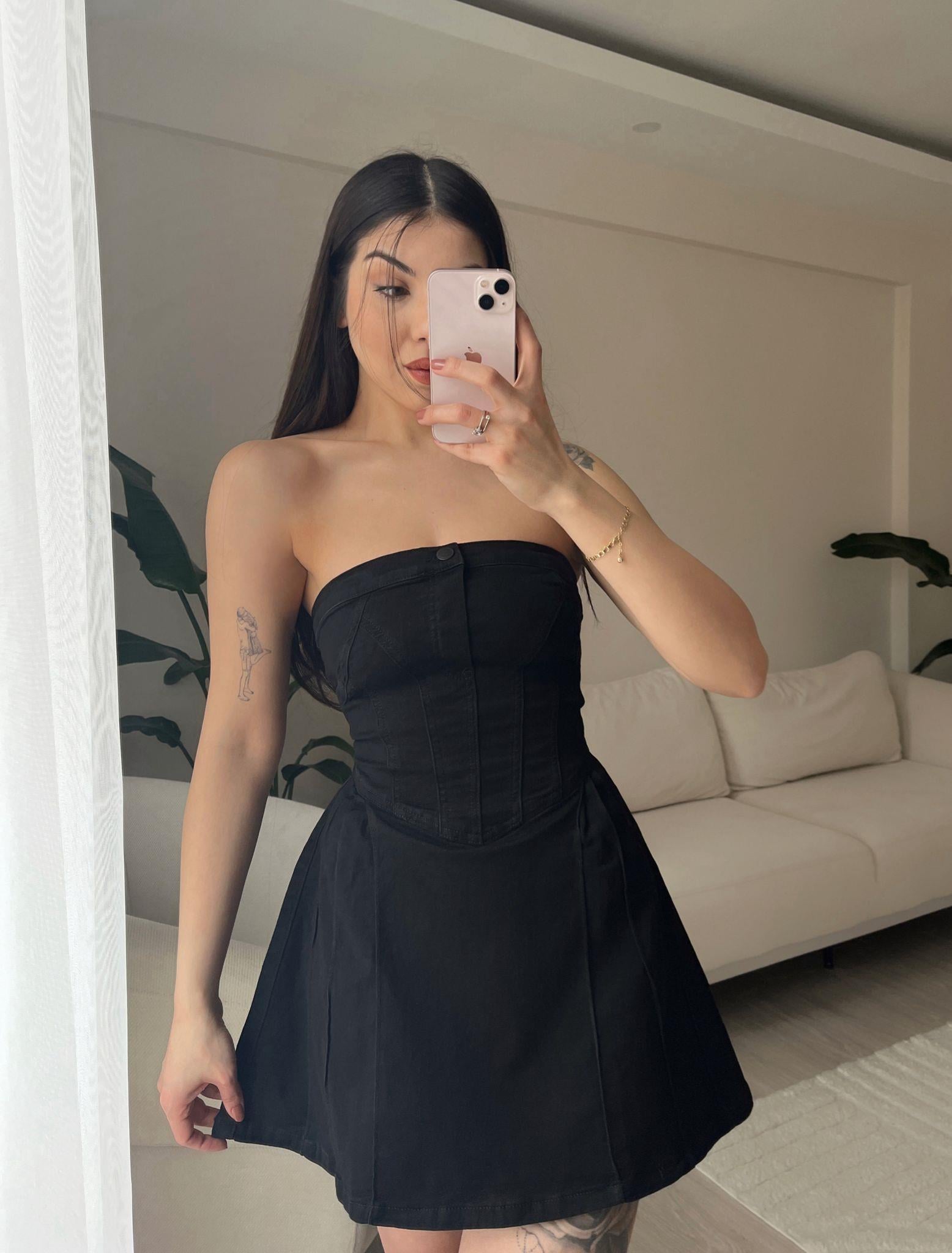 Gina Straplez Siyah Kot Elbise
