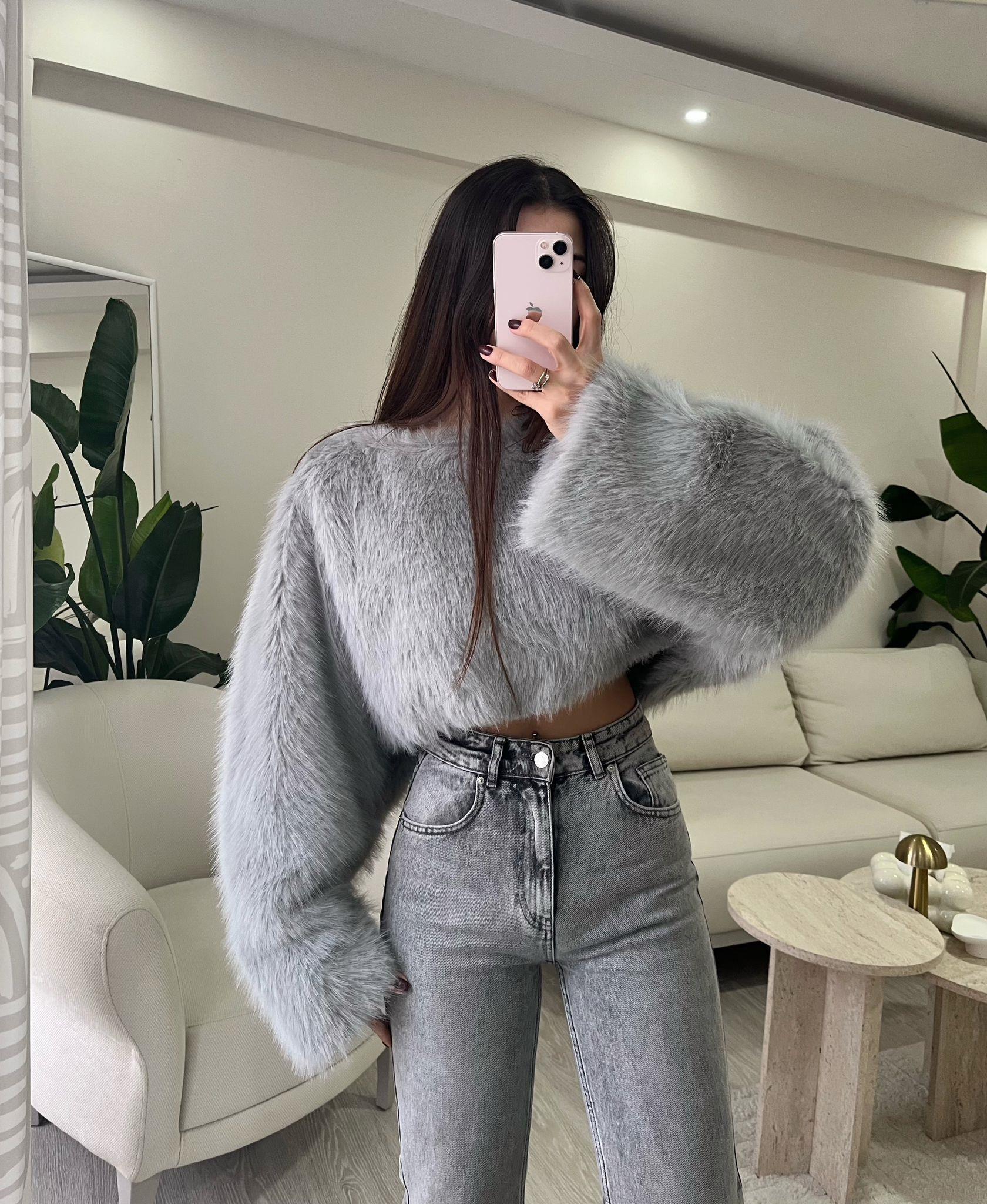 Ginny Marka Model Crop Kürk Kazak Buz Gri
