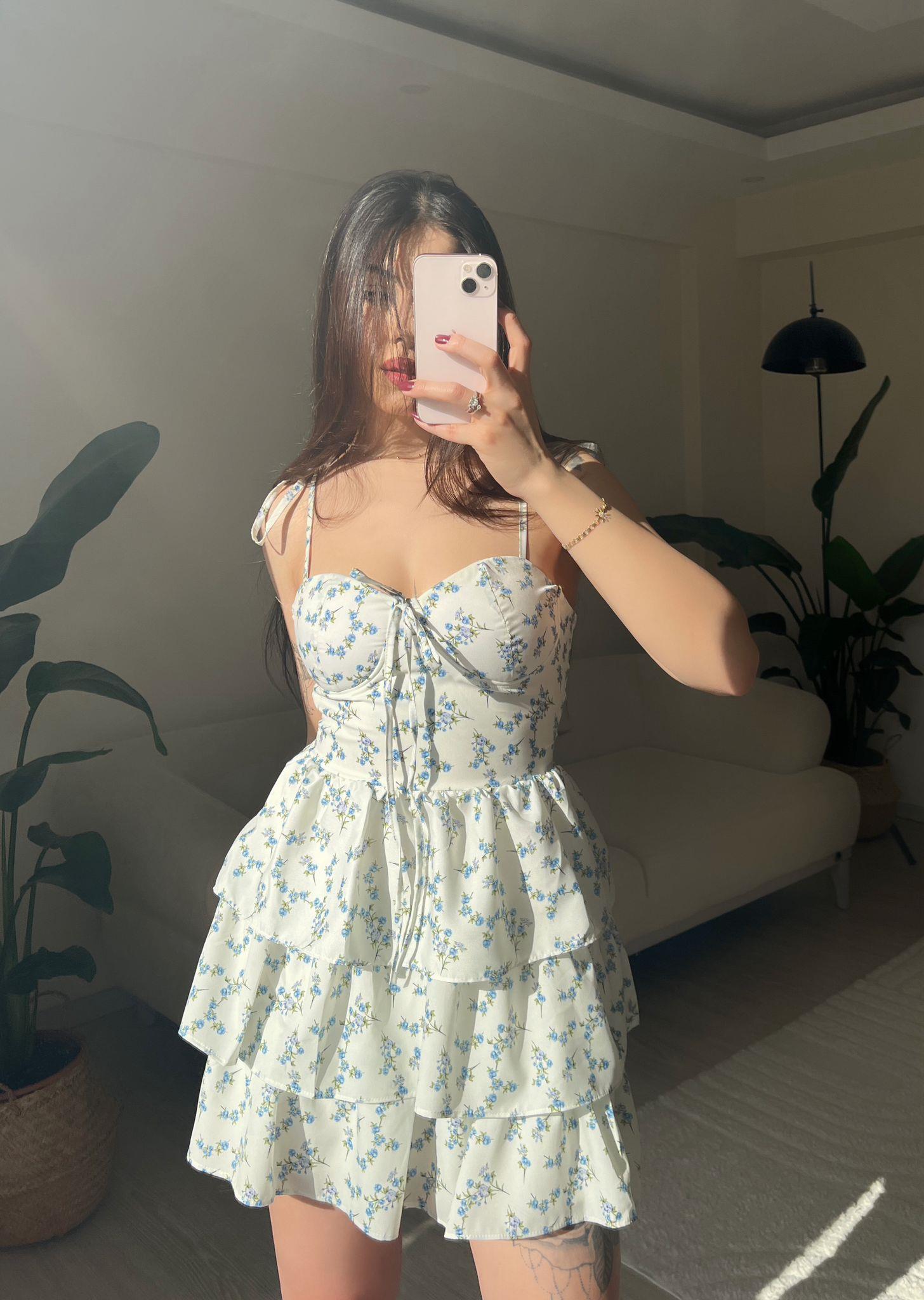 Hailey Çiçek Desen Gloplu Ekru Mini Elbise