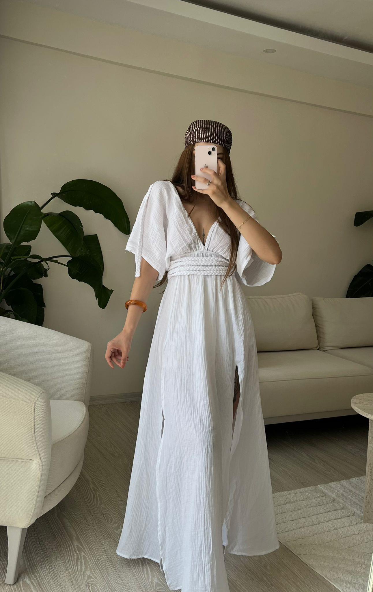Helen Örgü İpli Yırtmaçlı Müslin Bohem Elbise Beyaz