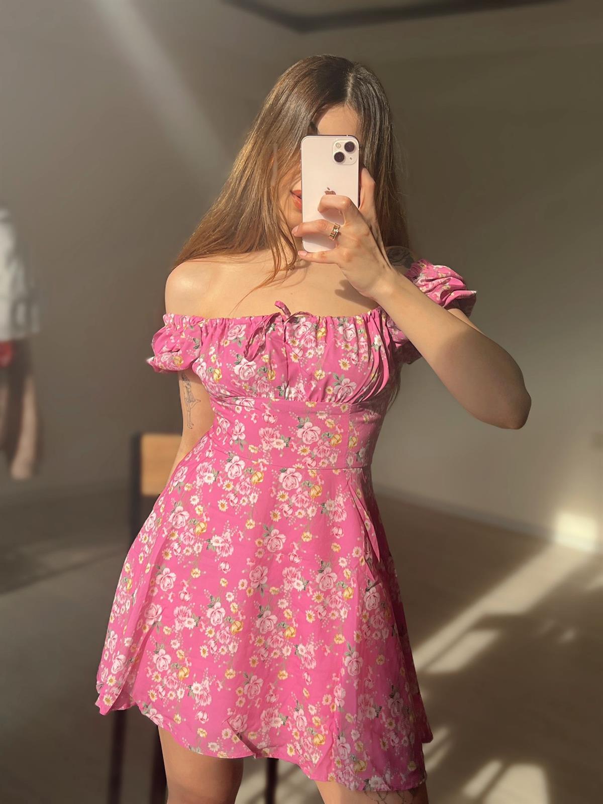 Isabella Çiçek Desen Pembe Mini Elbise