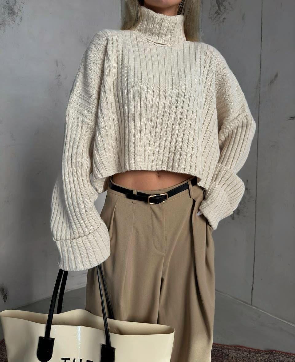 Jess Boğazlı Fitilli Crop Bej Kazak