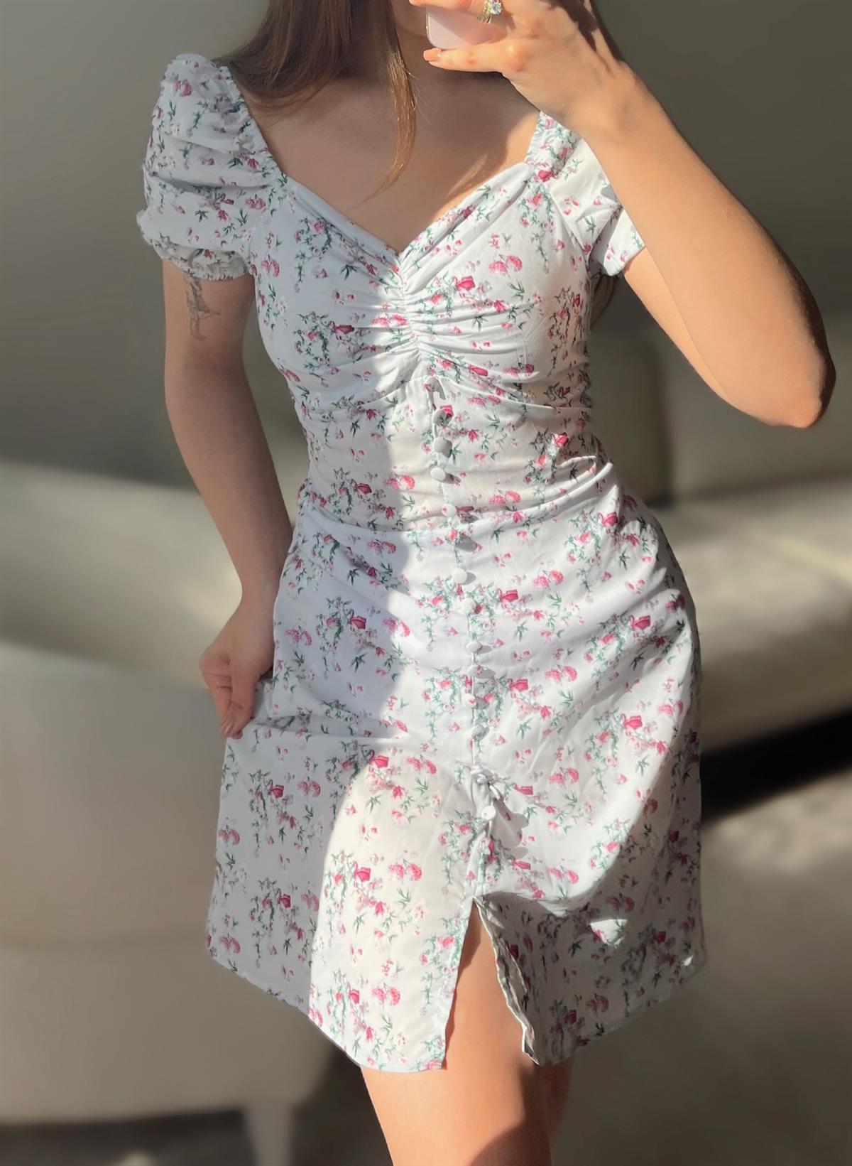 Juliet Çiçek Desen Düğme Detay Ice Elbise