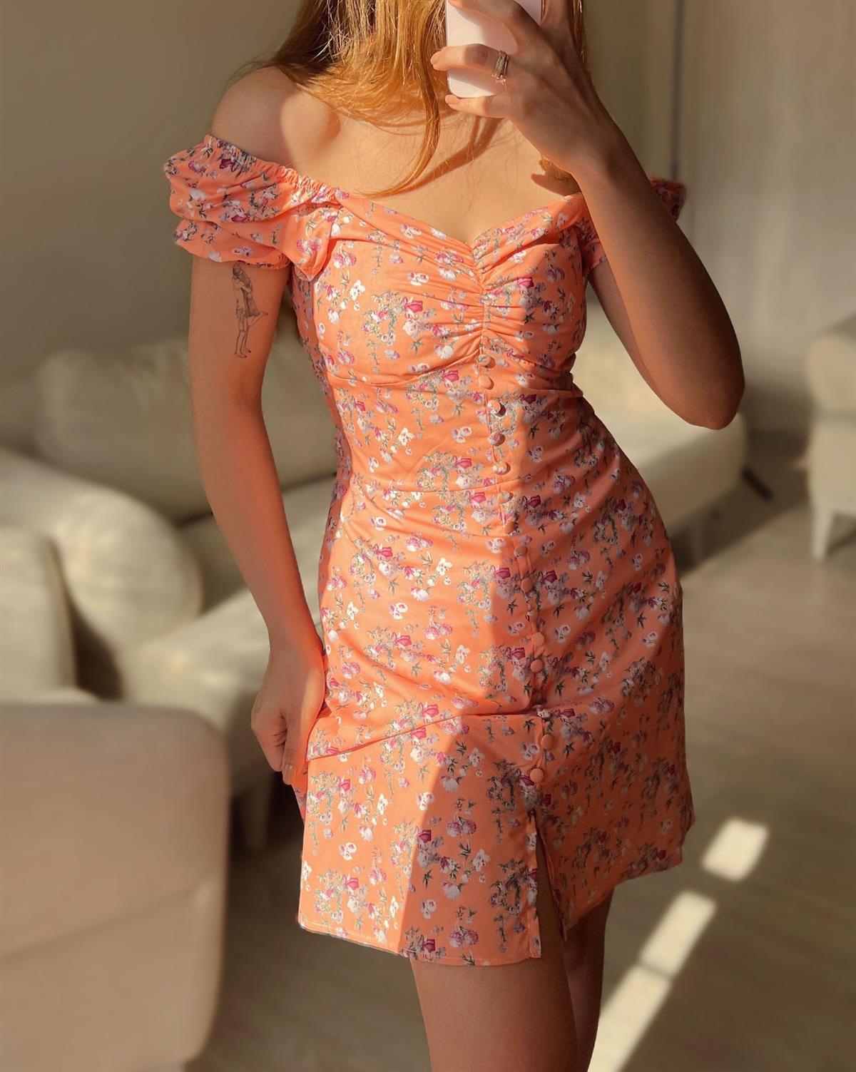 Juliet Çiçek Desen Düğme Detay Oranj Elbise