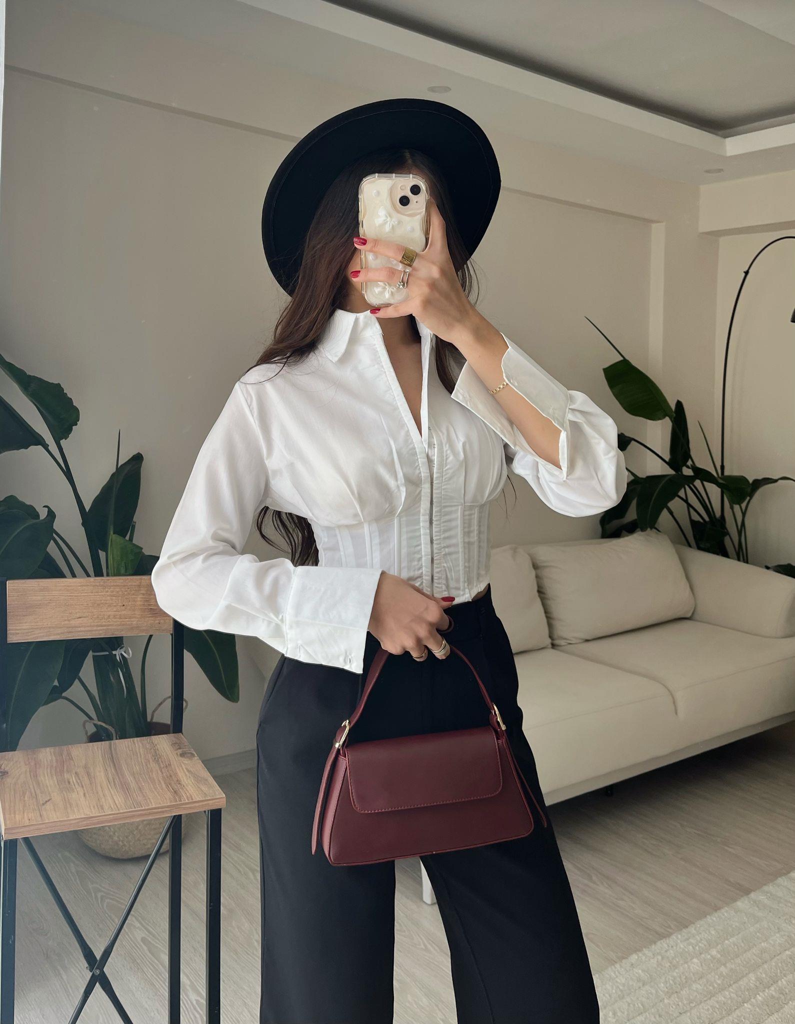 Luna Agraflı Balenli Poplin Korse Gömlek Beyaz