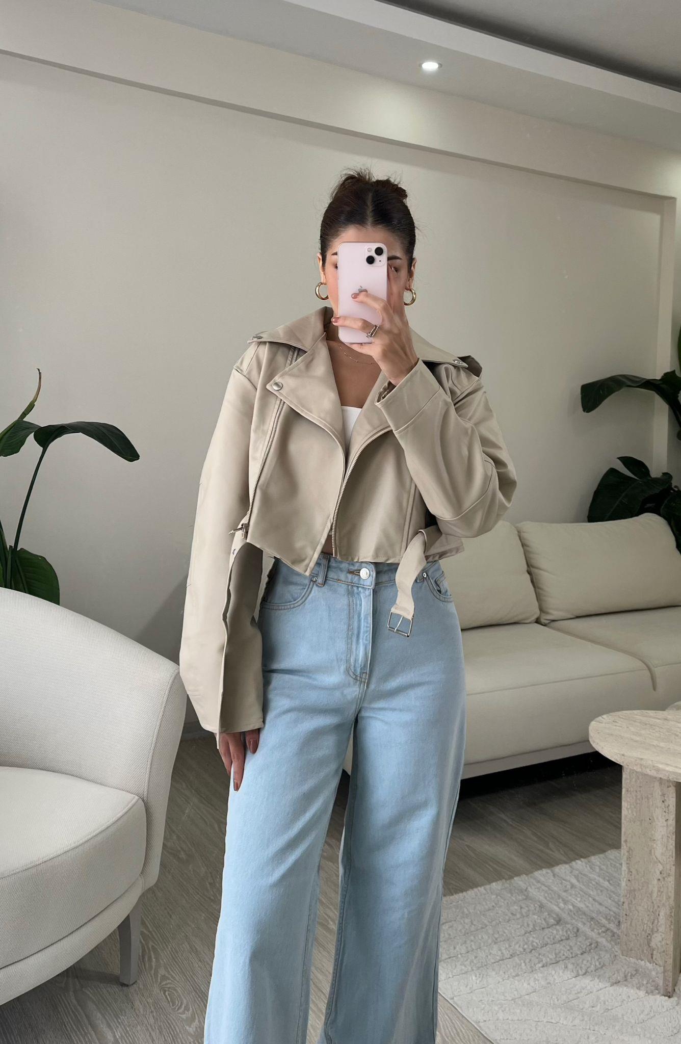 Lunara Kemerli Biker Crop Deri Ceket Taş
