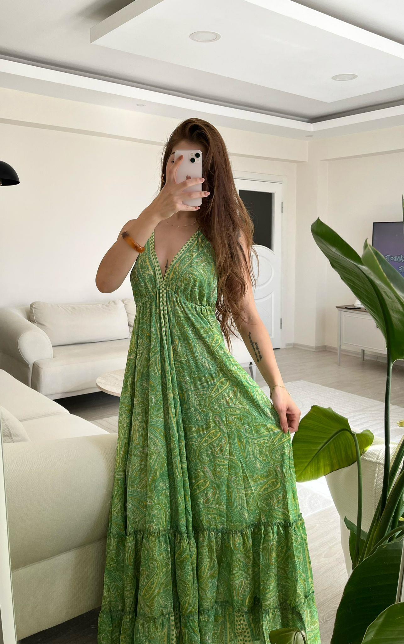 Lunita Sırt Dekolteli Etnik Desen Elbise Yeşil