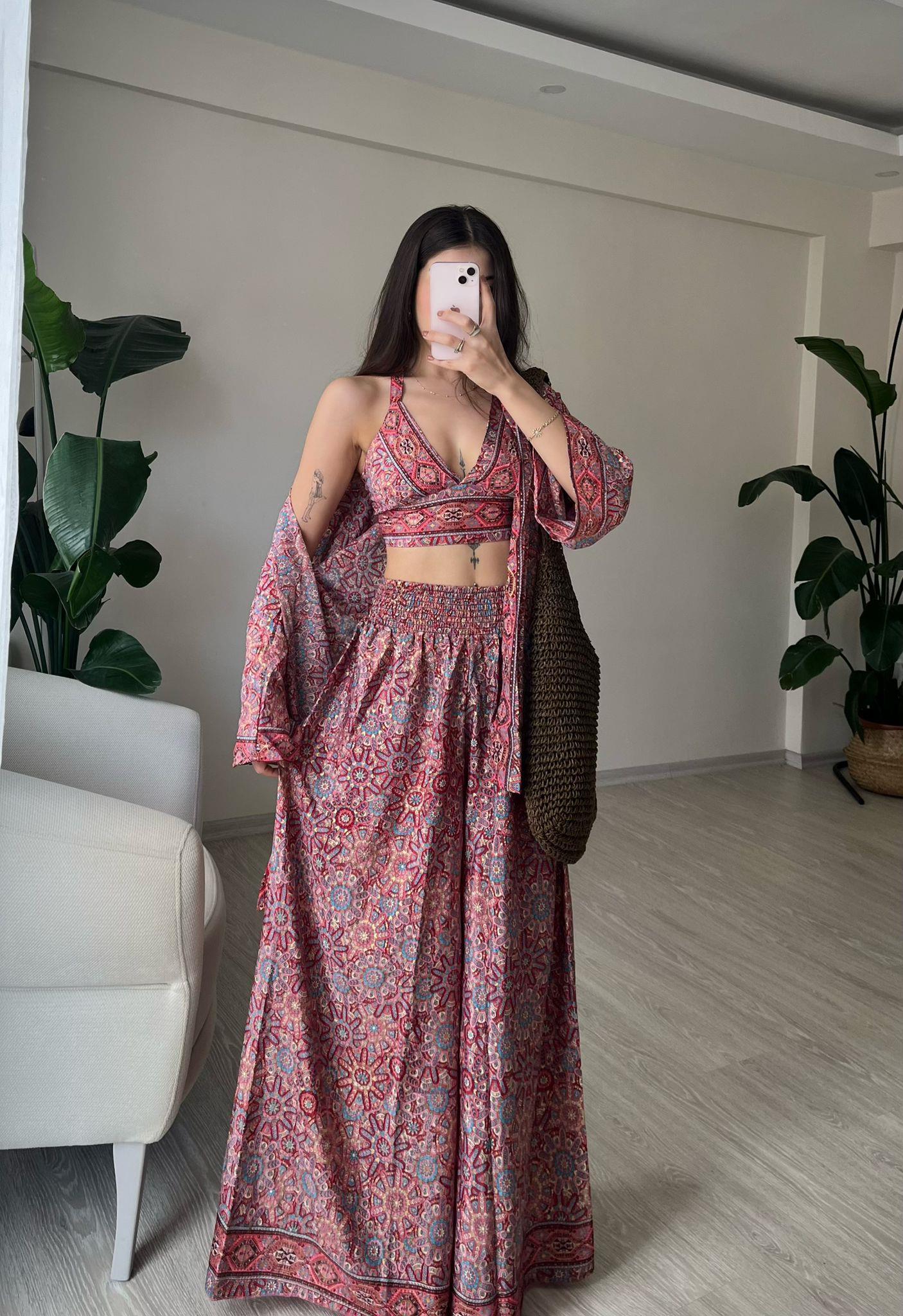 Mantra İpek Kimono Büstiyer Pantolon Üçlü Takım VI