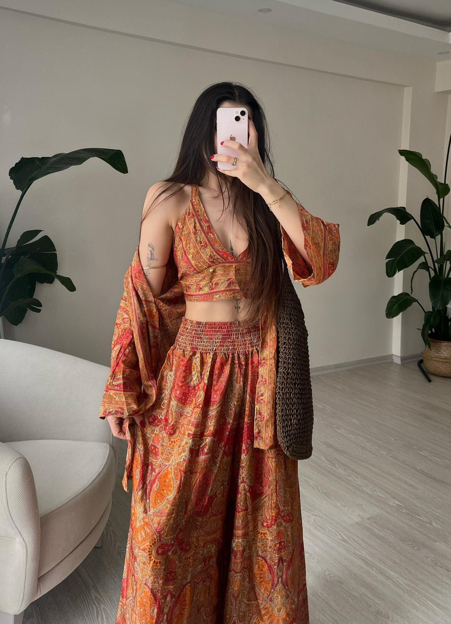 Mantra İpek Kimono Büstiyer Pantolon Üçlü Takım II