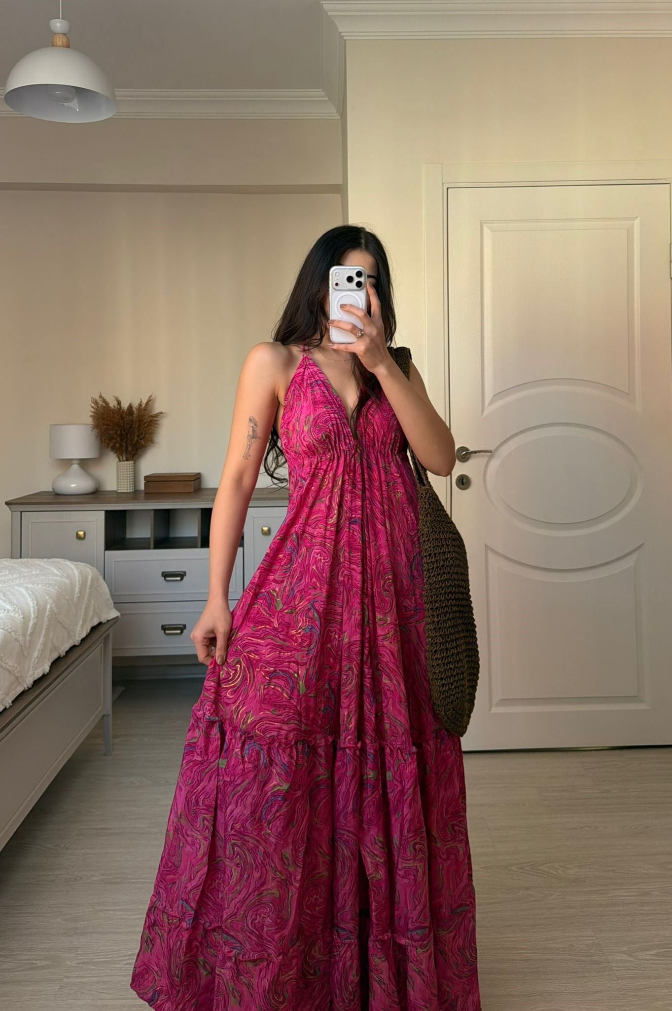 Marais Sırt Dekolteli Etnik Desen İpek Elbise Pembe