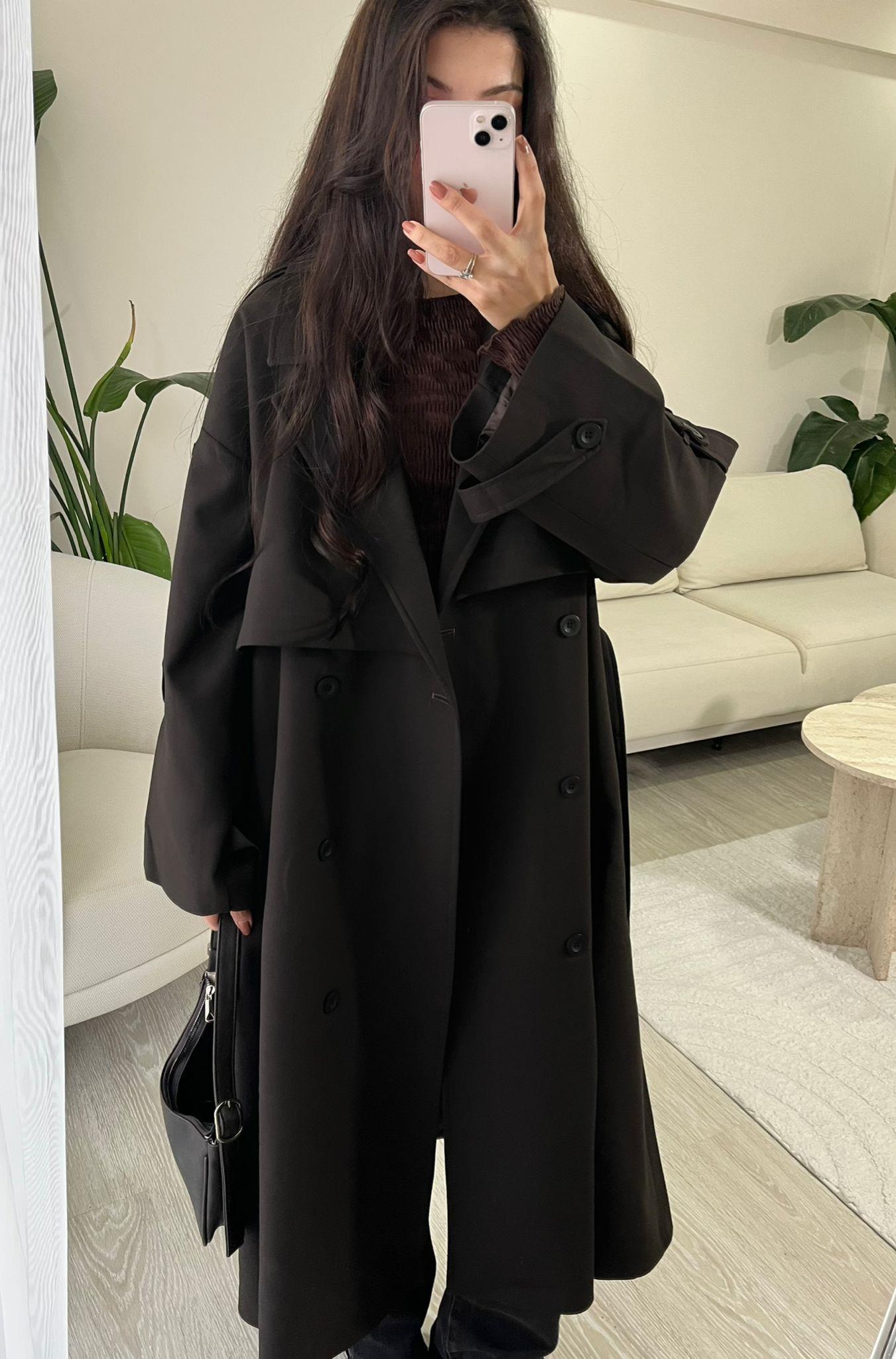 Noir Premium Oversize Poliviskon Trençkot Acı Kahve