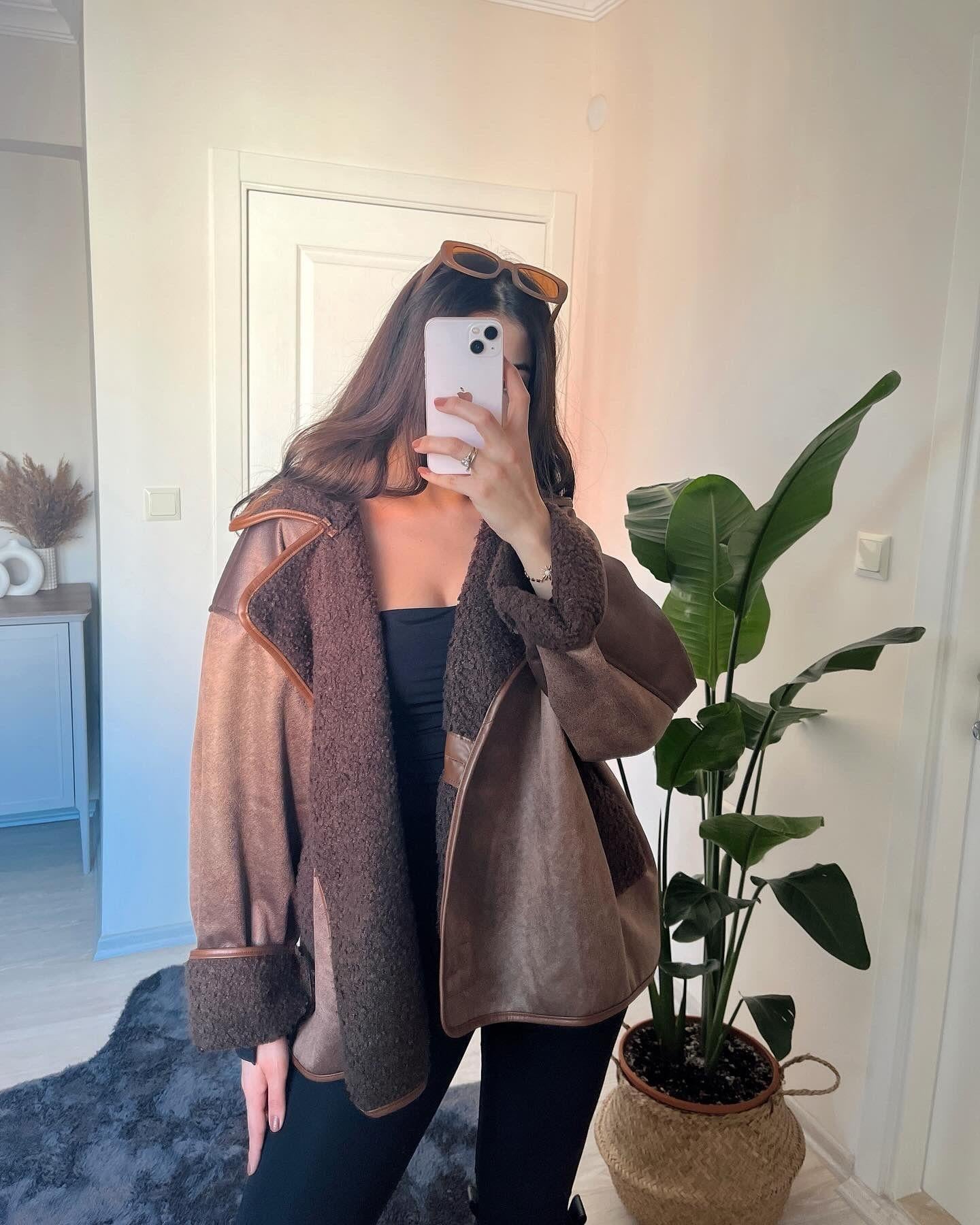 Nora Kıvırcık Kürklü Oversize Kahverengi Ceket