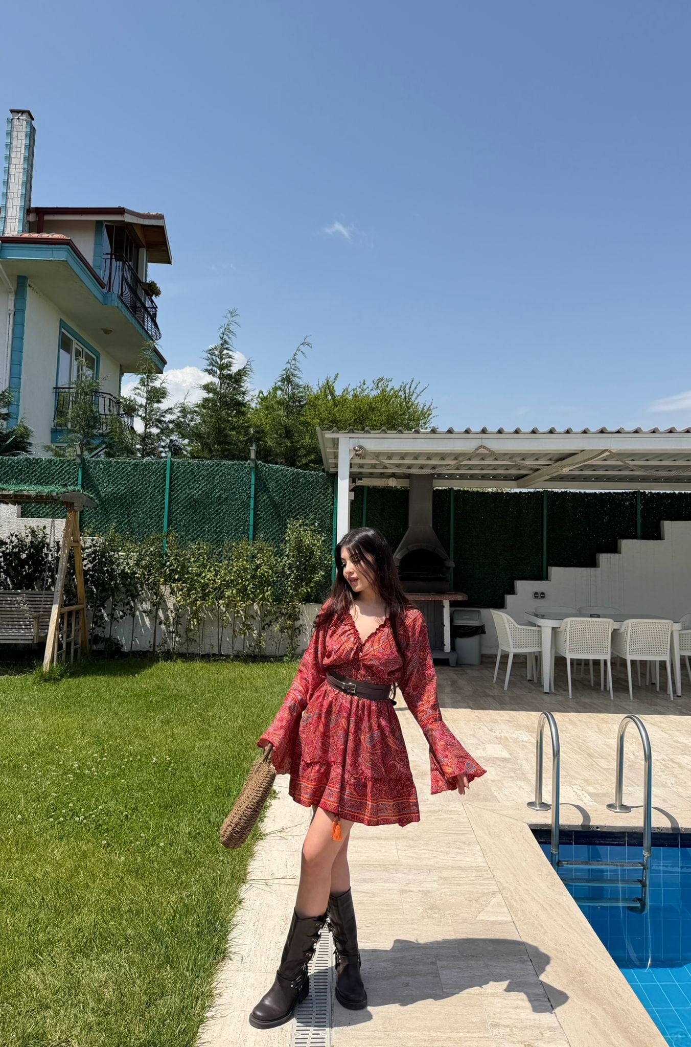 Paloma Etnik Desen İspanyol Kol Bohem Mini Elbise Kırmızı
