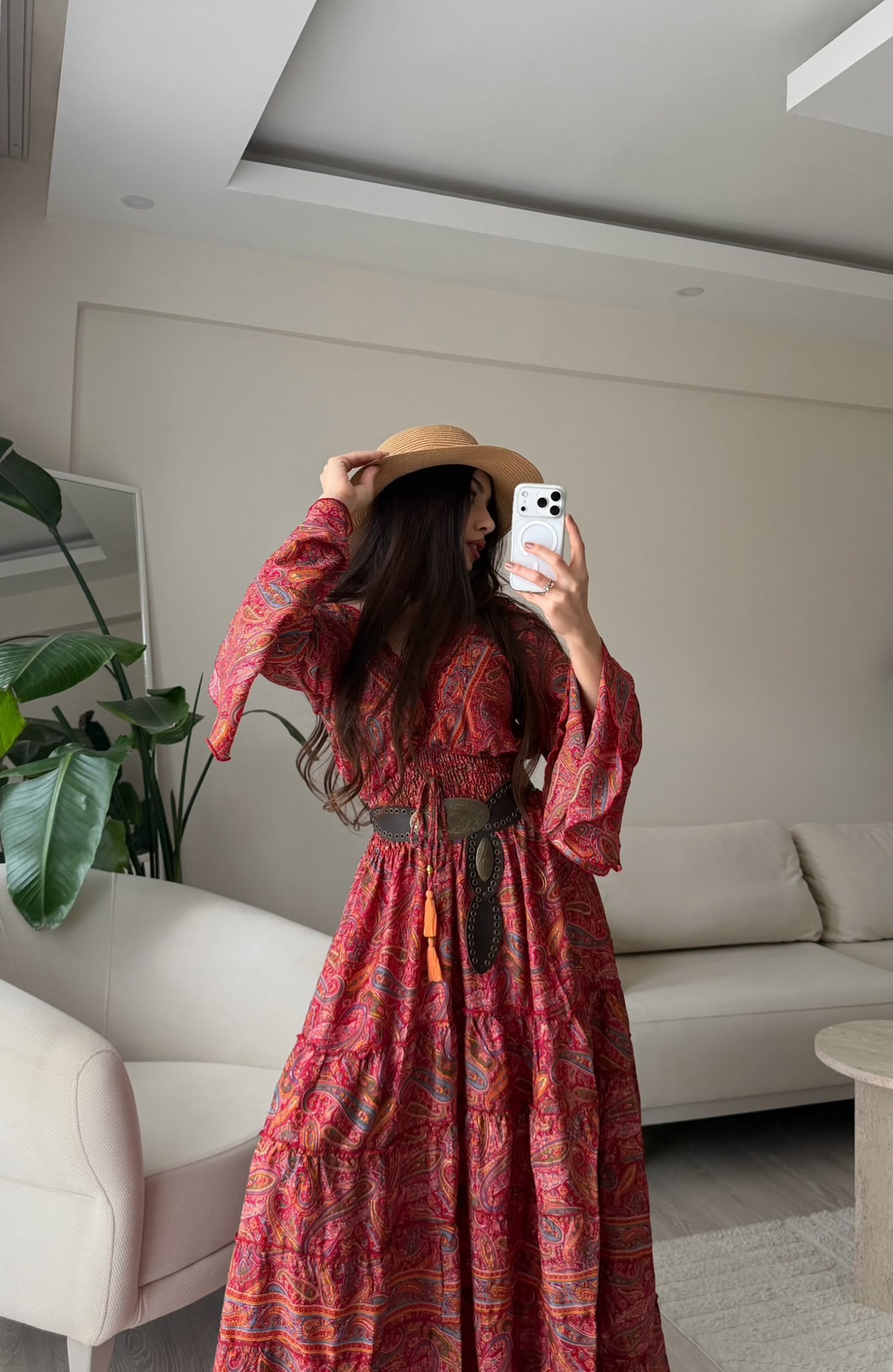 Paloma Etnik Desen İspanyol Kol Bohem Uzun Elbise Kırmızı