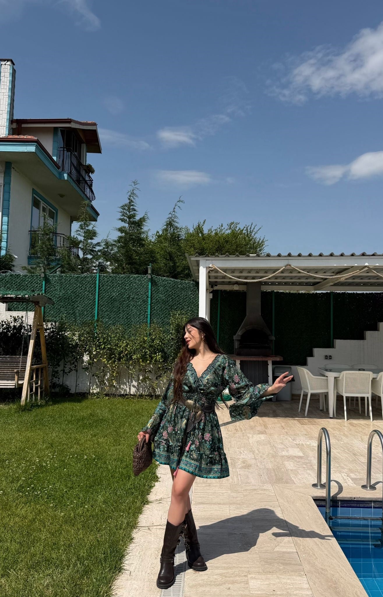 Paloma Etnik Desen İspanyol Kol Bohem Mini Elbise Yeşil