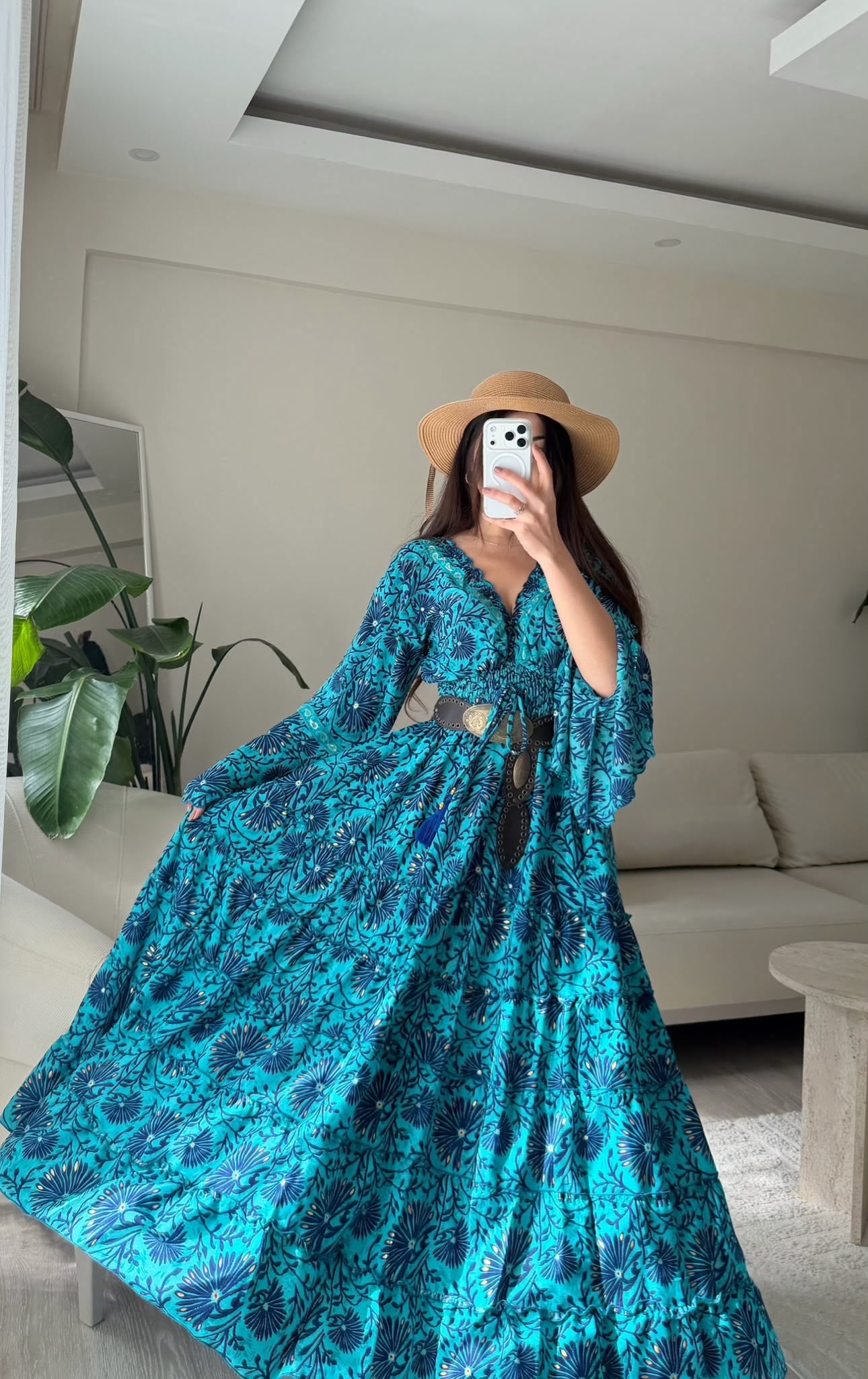 Paloma Etnik Desen İspanyol Kol Bohem Uzun Elbise Mavi II