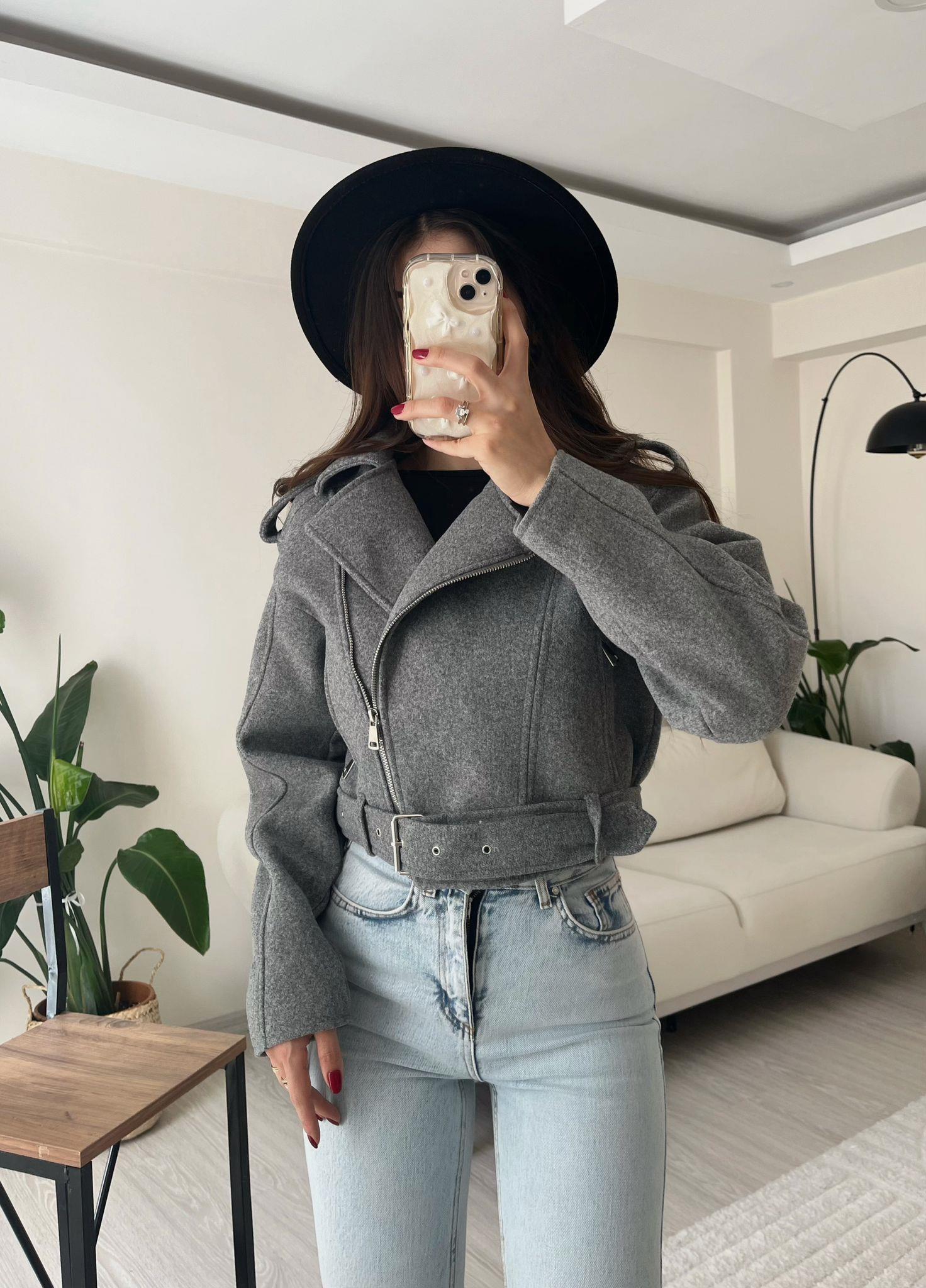 Paula Premium Kaşe Biker Ceket Gri