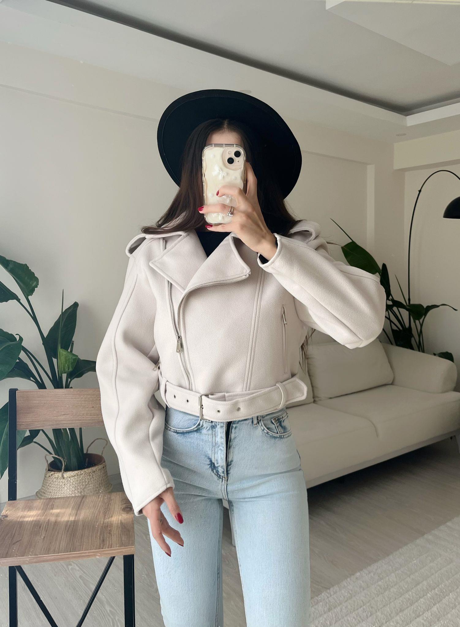 Paula Premium Kaşe Biker Ceket Taş