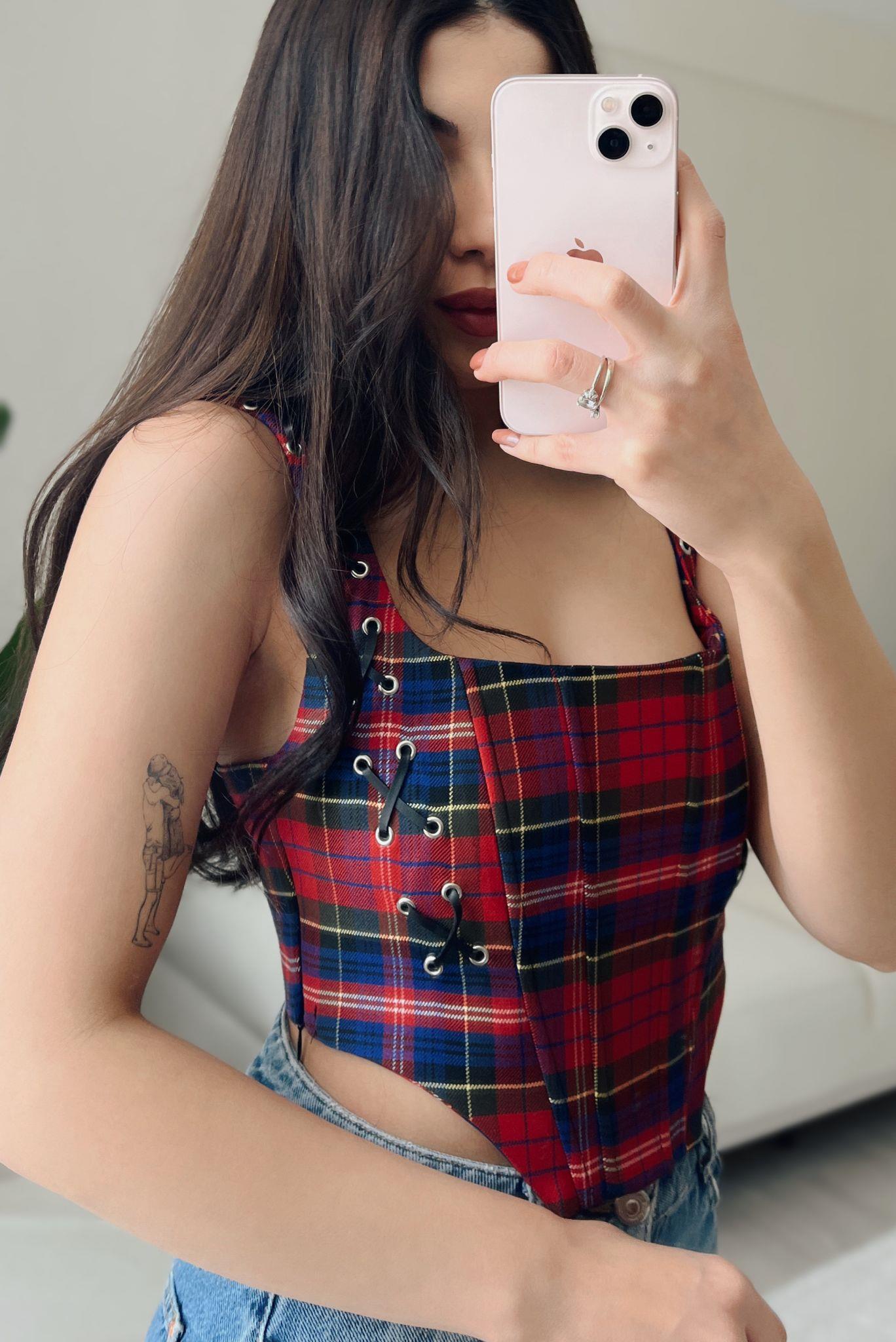 Plaid Kuşgözü Detay Gipeli Korse Bluz