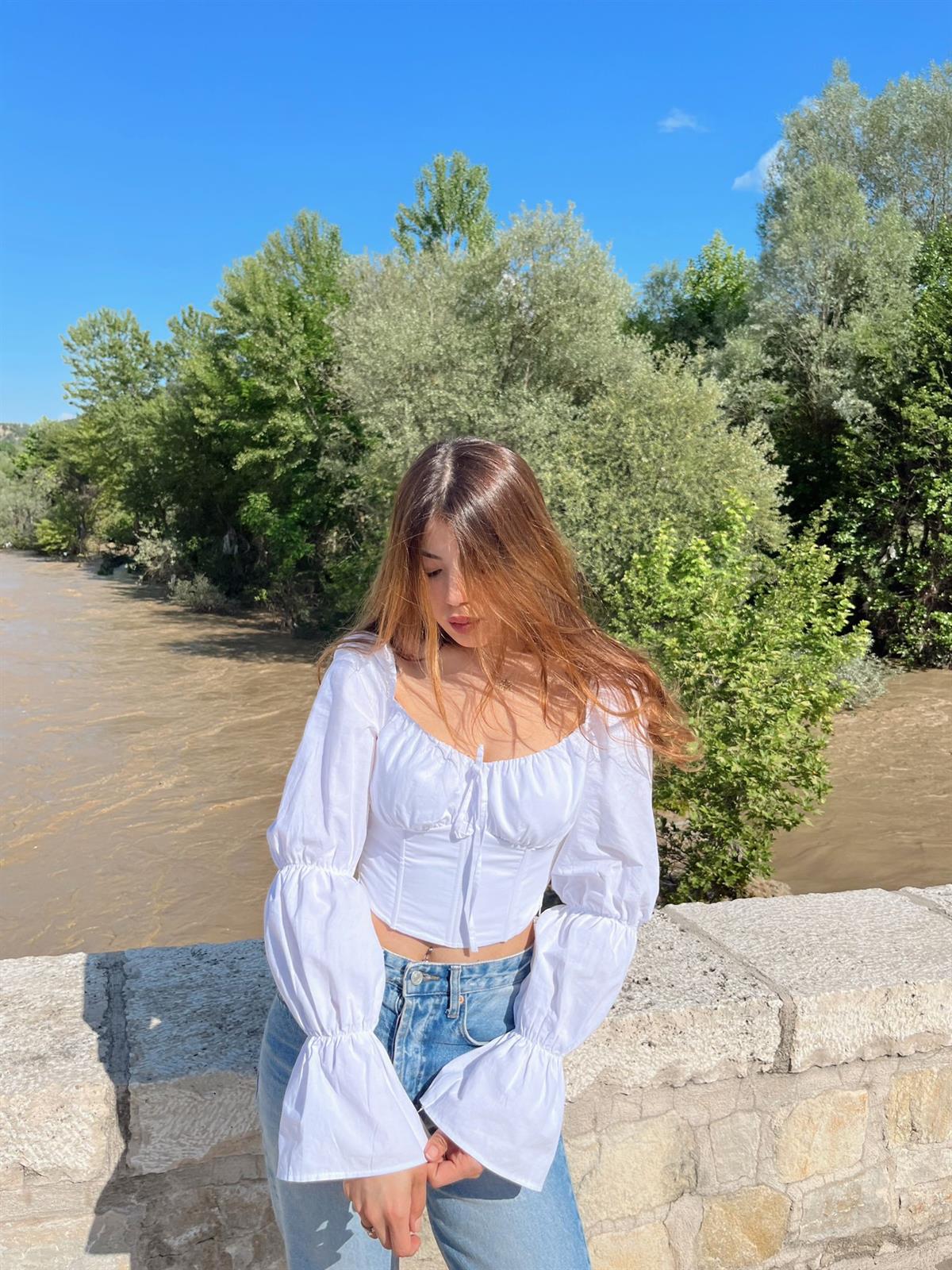 Princess Beyaz Balenli Crop Bluz