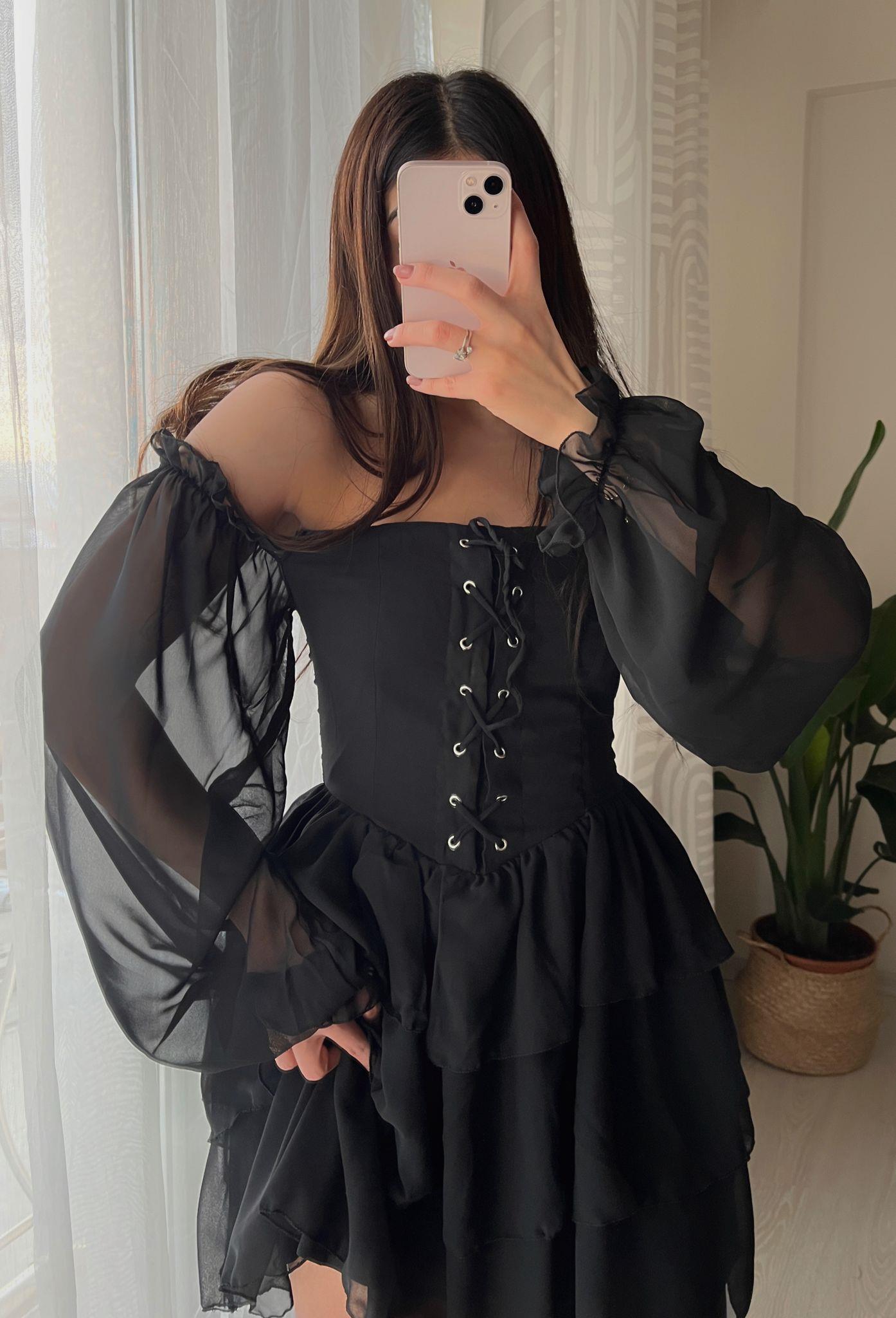 Raquel Kuşgözü Detay Şifon Siyah Mini Elbise