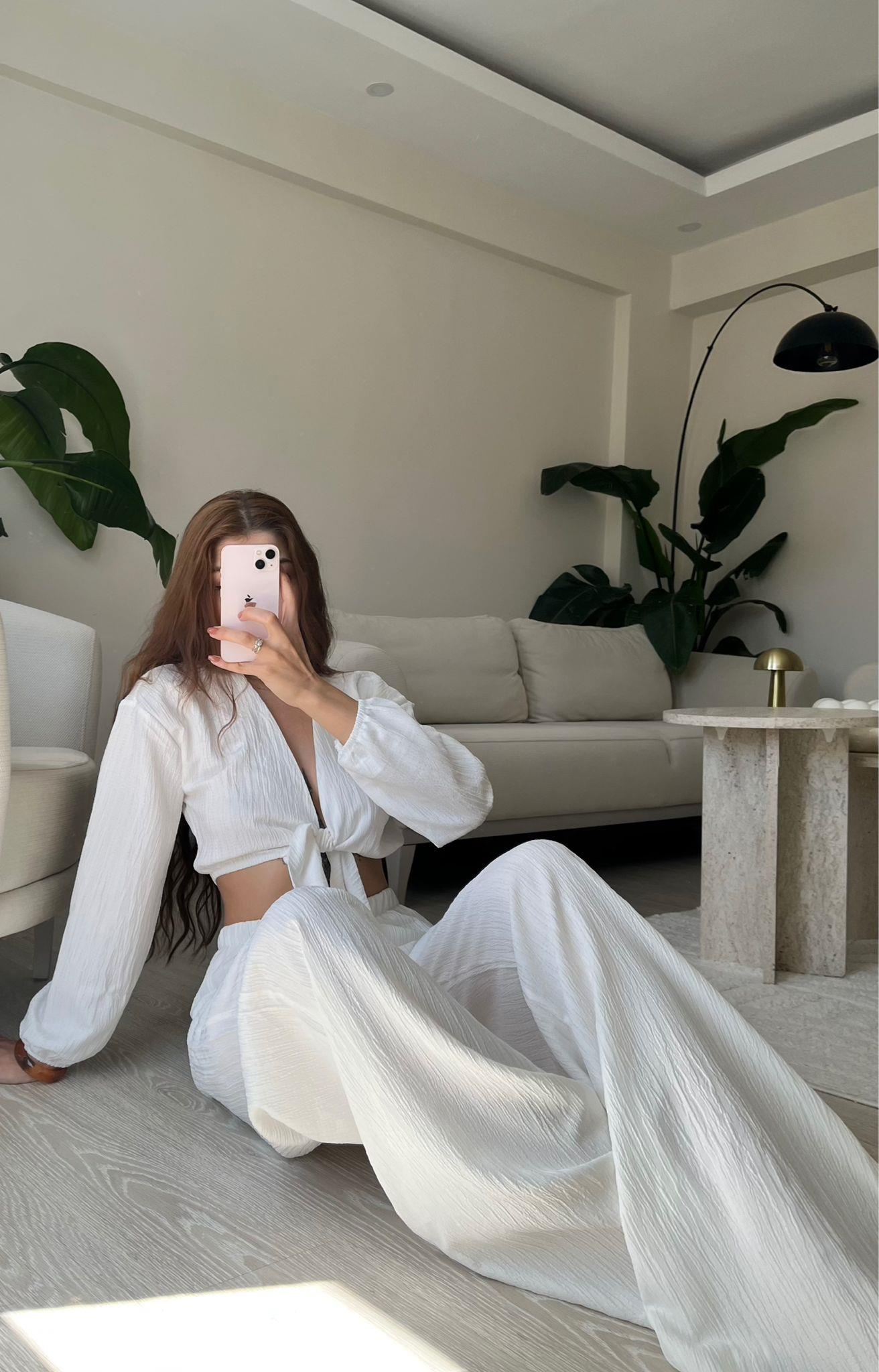 Soleil Bağlamalı Bluz Pantolon İkili Takım Beyaz