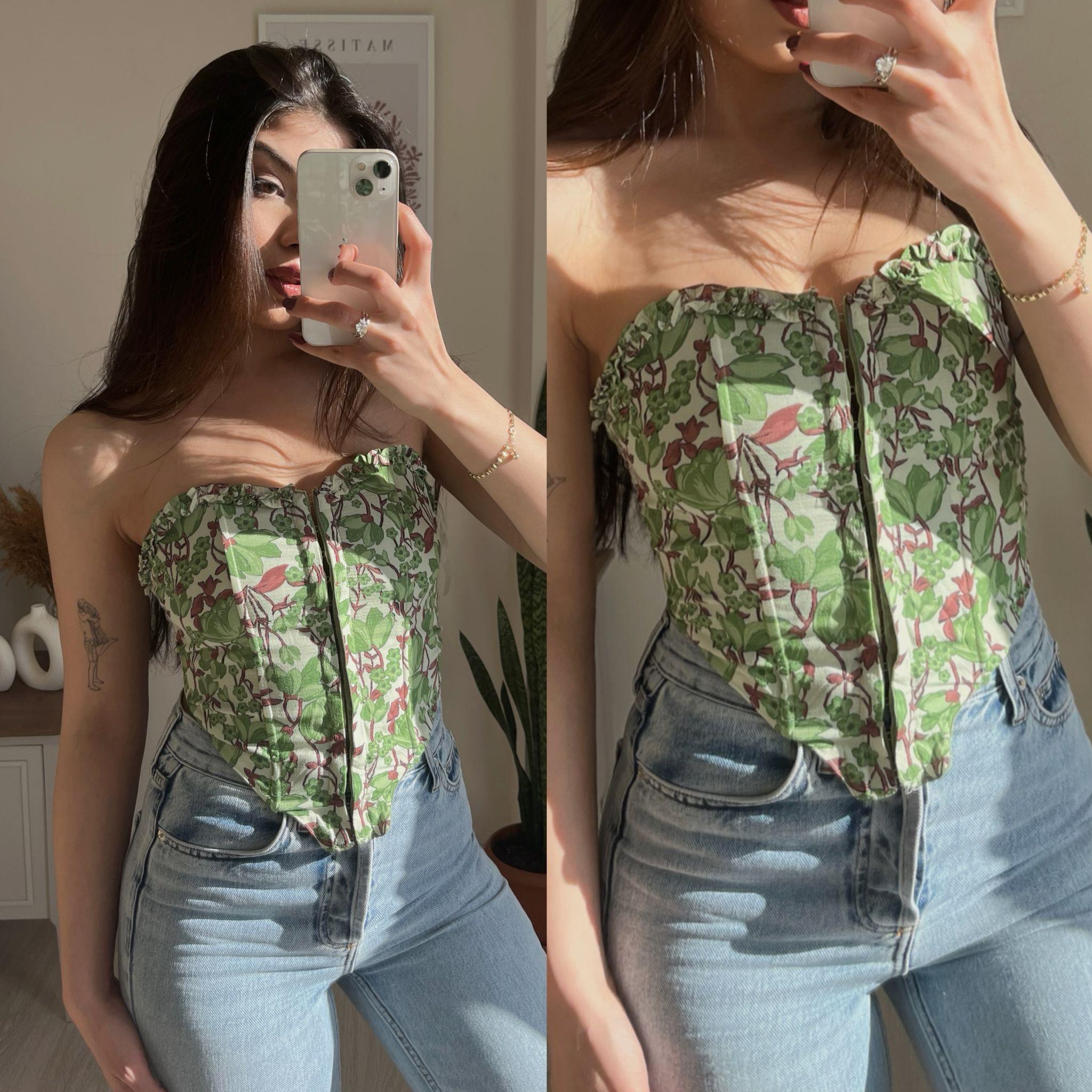 Victoria Yeşil Çiçek Desen Kuşgözü Detay Balenli Korse Bluz