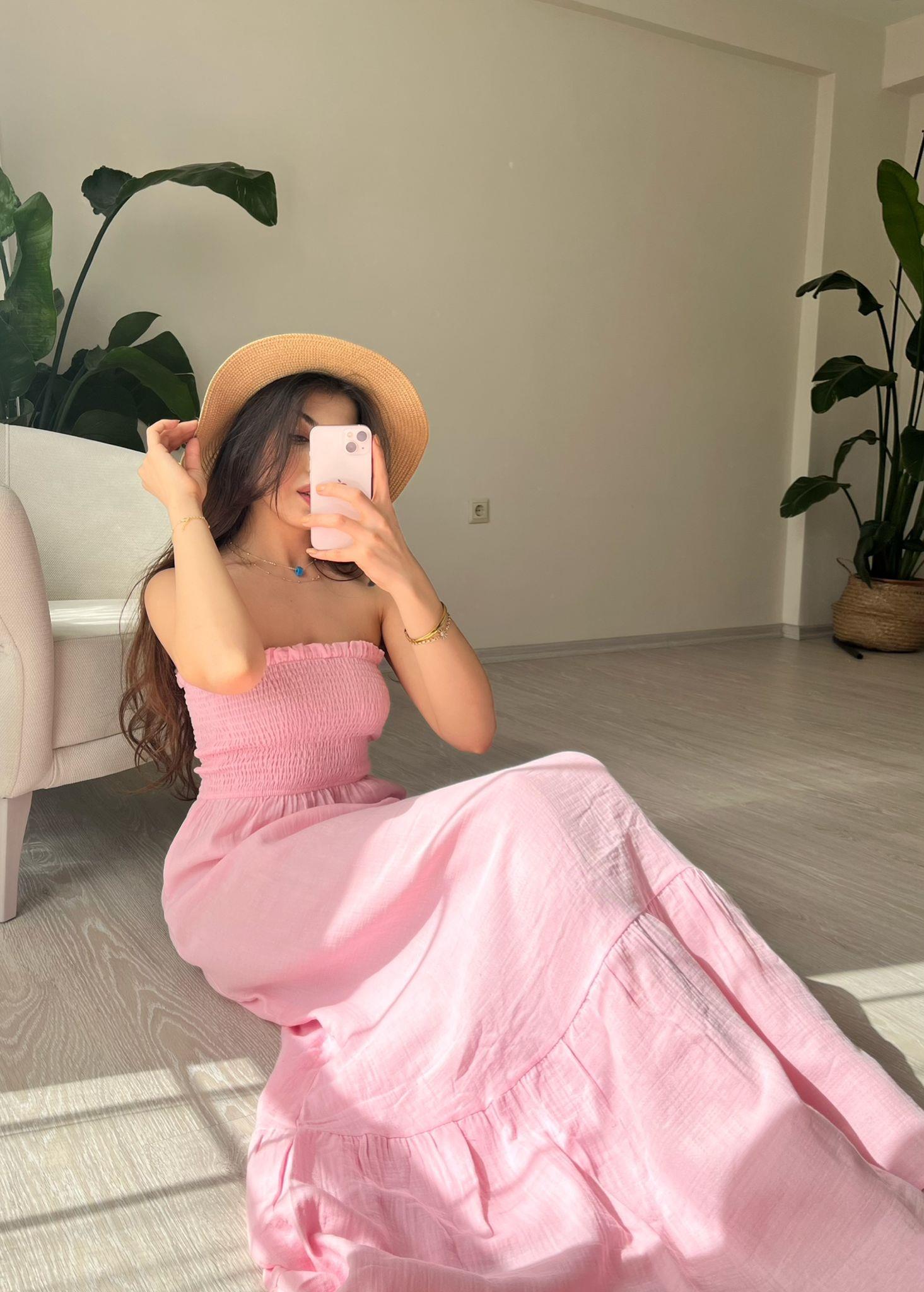 Whisper Askılı Gipeli Müslin Elbise Pembe