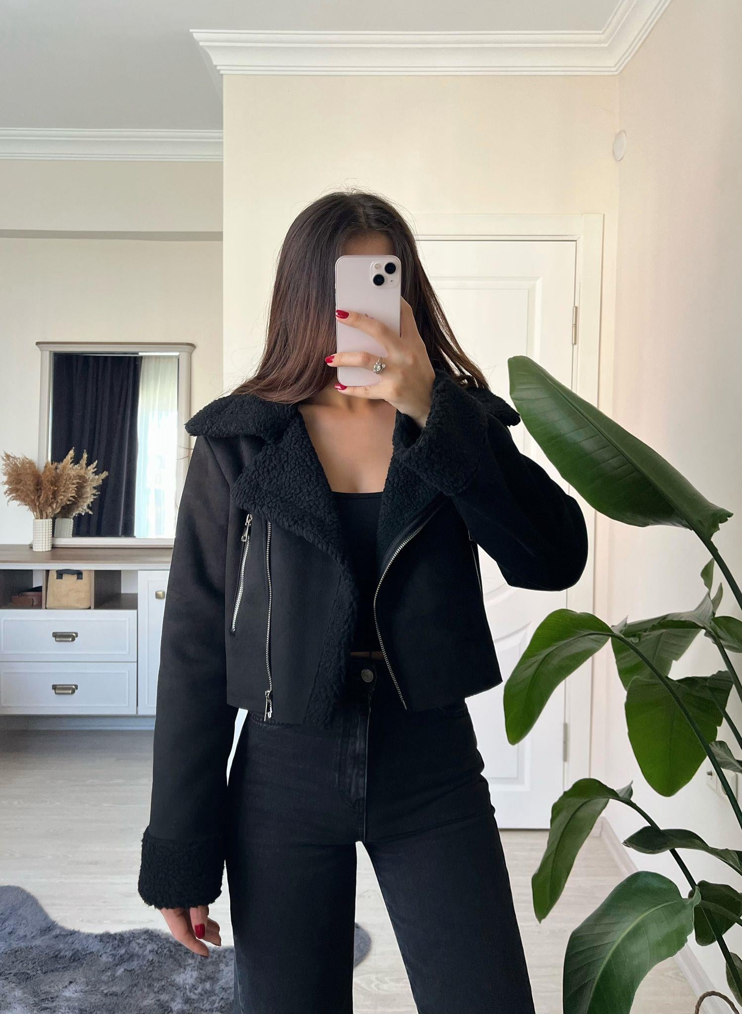 Zoe Kürklü Süet Crop Ceket Siyah
