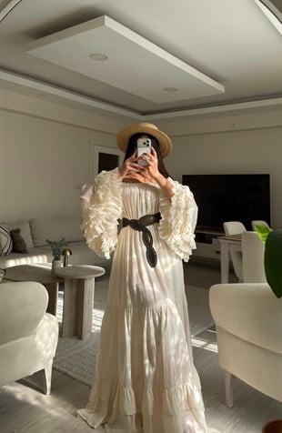Aphrodite Volanlı Uzun Bohem Elbise Naturel