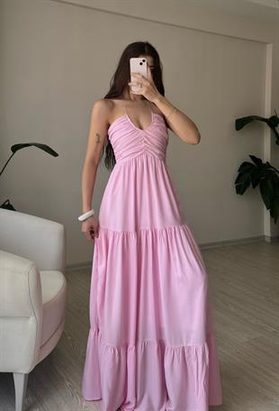 Elaria Büzgülü Boyundan Bağlamalı Maksi Elbise Pembe