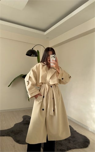 Luxe Apoletli Premium Uzun Trençkot Taş