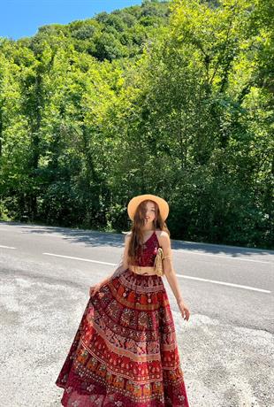 Omnia Etnik Desen Etek Büstiyer İkili Takım Bordo