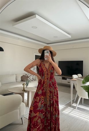 Shiva Sırt Dekolteli Etnik Desen İpek Elbise Çok Renkli
