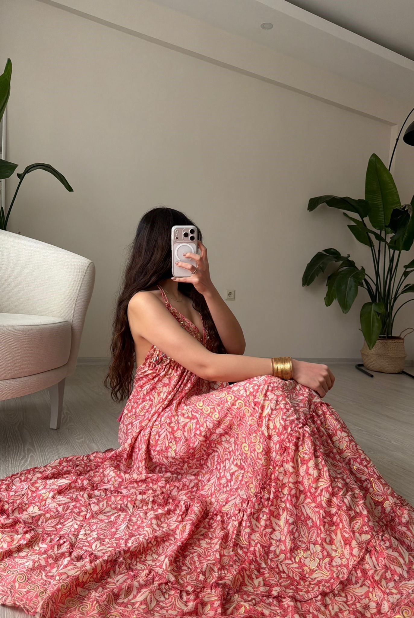 Arin Sırt Dekolteli İşlemeli Etnik Desen İpek Elbise Açık Pembe