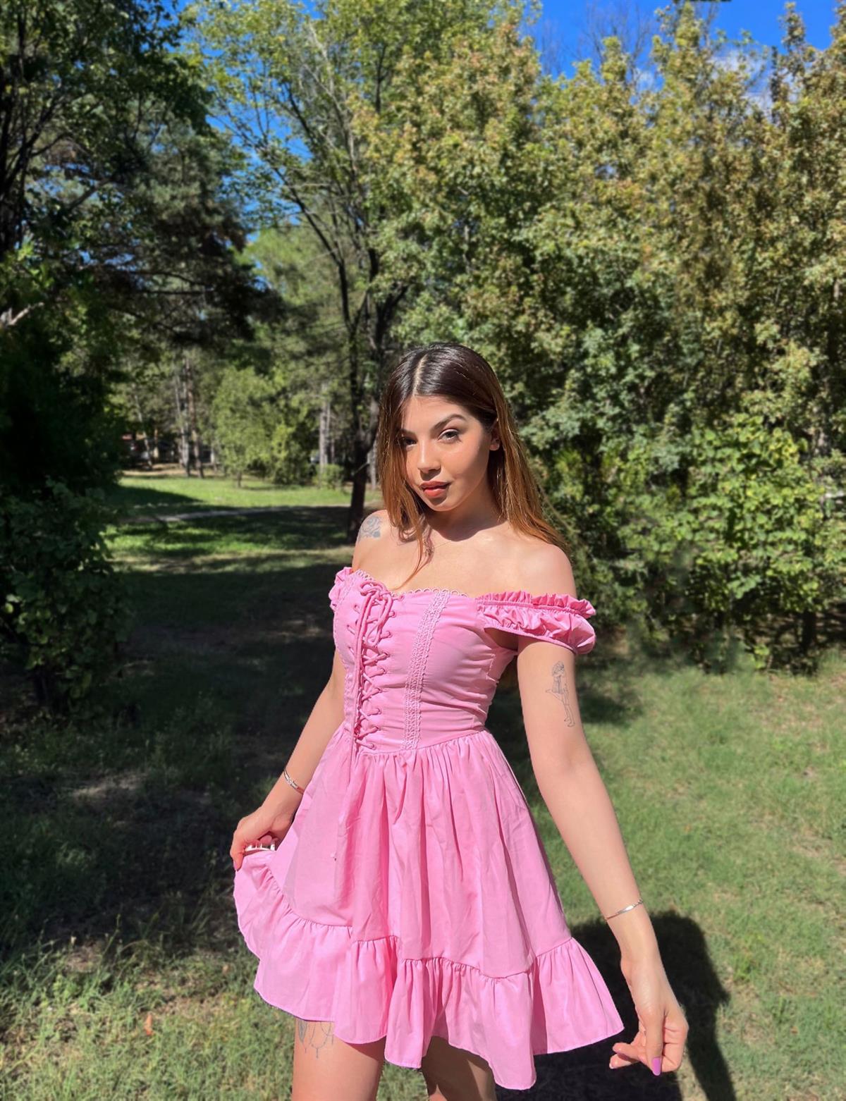 Barbie İp Detaylı Mini Pembe Elbise