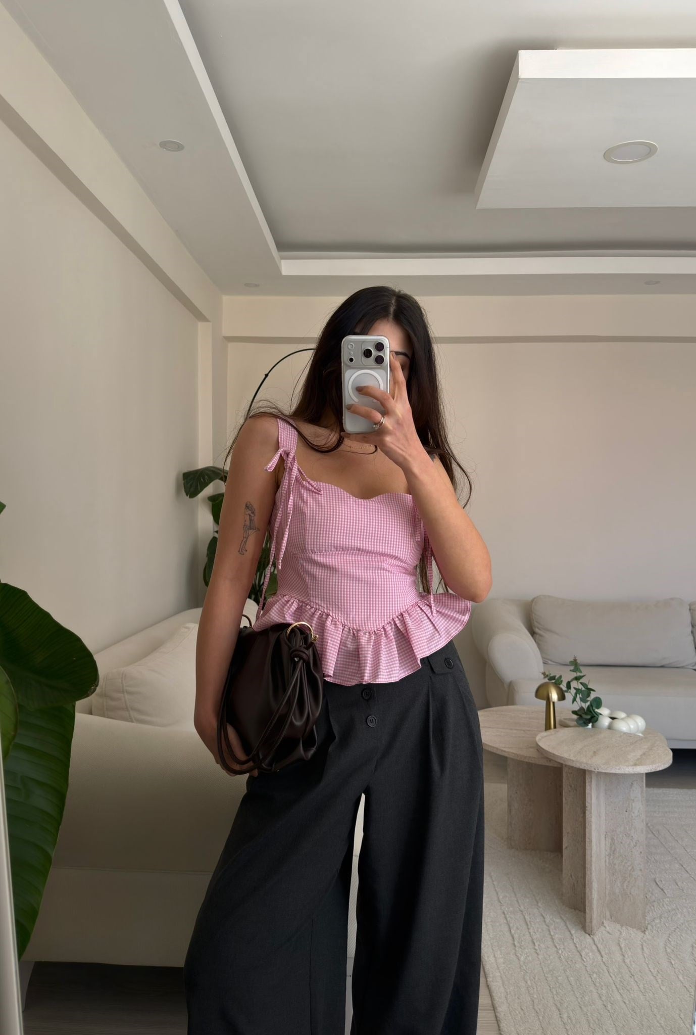 Belle Fırfırlı Pötikare Bluz Pembe