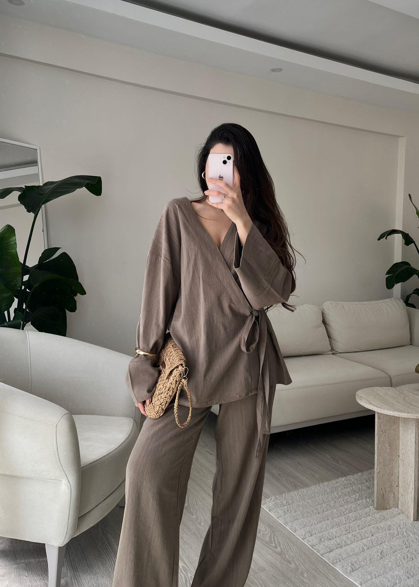 Bohemia Premium Keten Kimono Takım Vizon