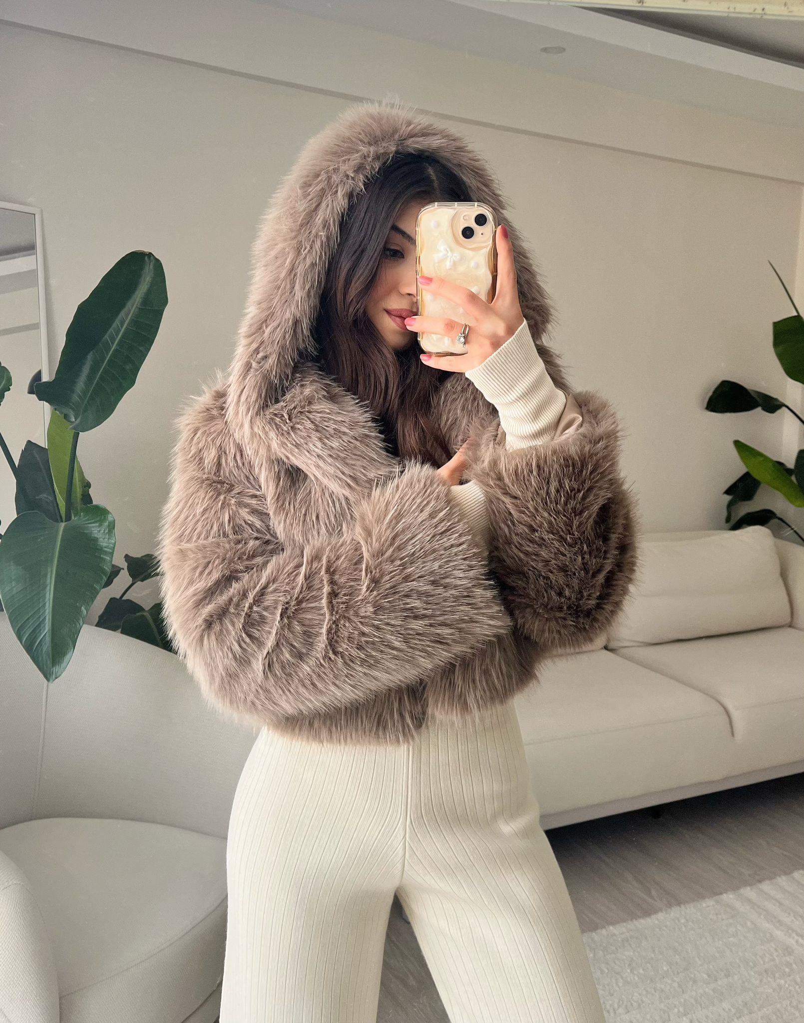 Bonnie Kapüşonlu Kahverengi Crop Kürk